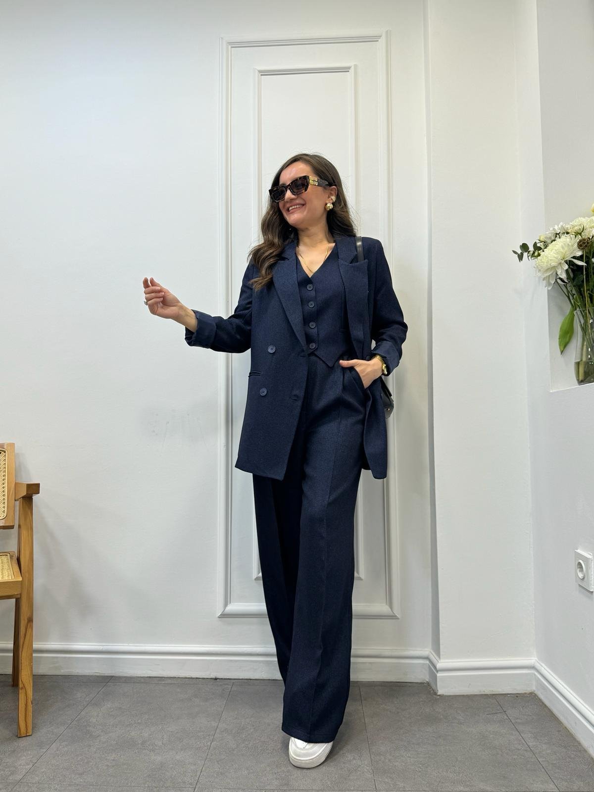 Lacivert Premium Yün Efekt Astarlı Blazer Ceket 7066