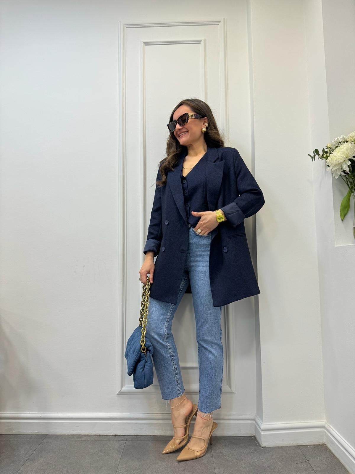 Lacivert Premium Yün Efekt Astarlı Blazer Ceket 7066