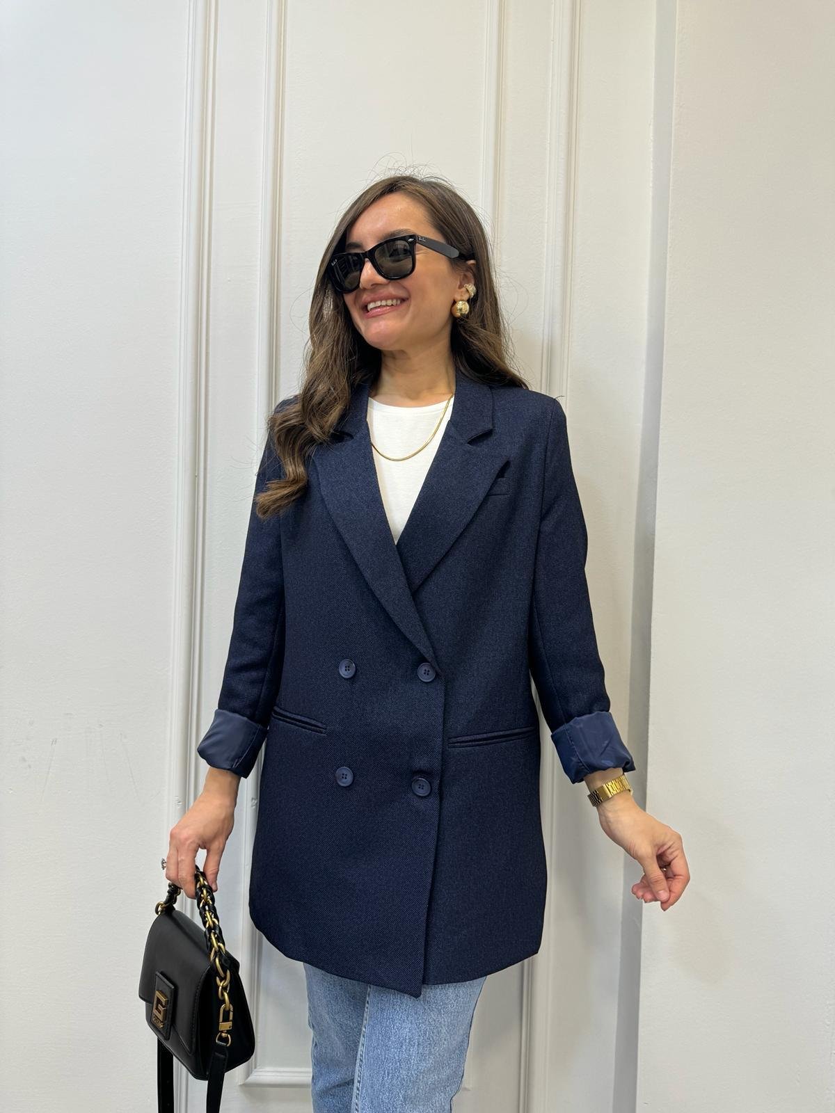Lacivert Premium Yün Efekt Astarlı Blazer Ceket 7066