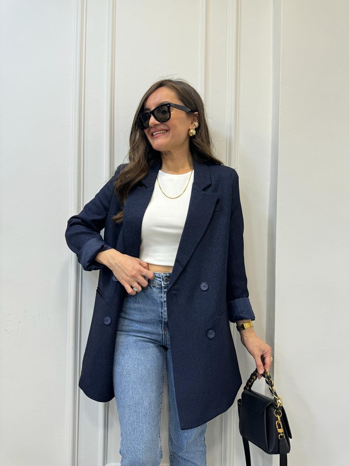 Lacivert Premium Yün Efekt Astarlı Blazer Ceket 7066