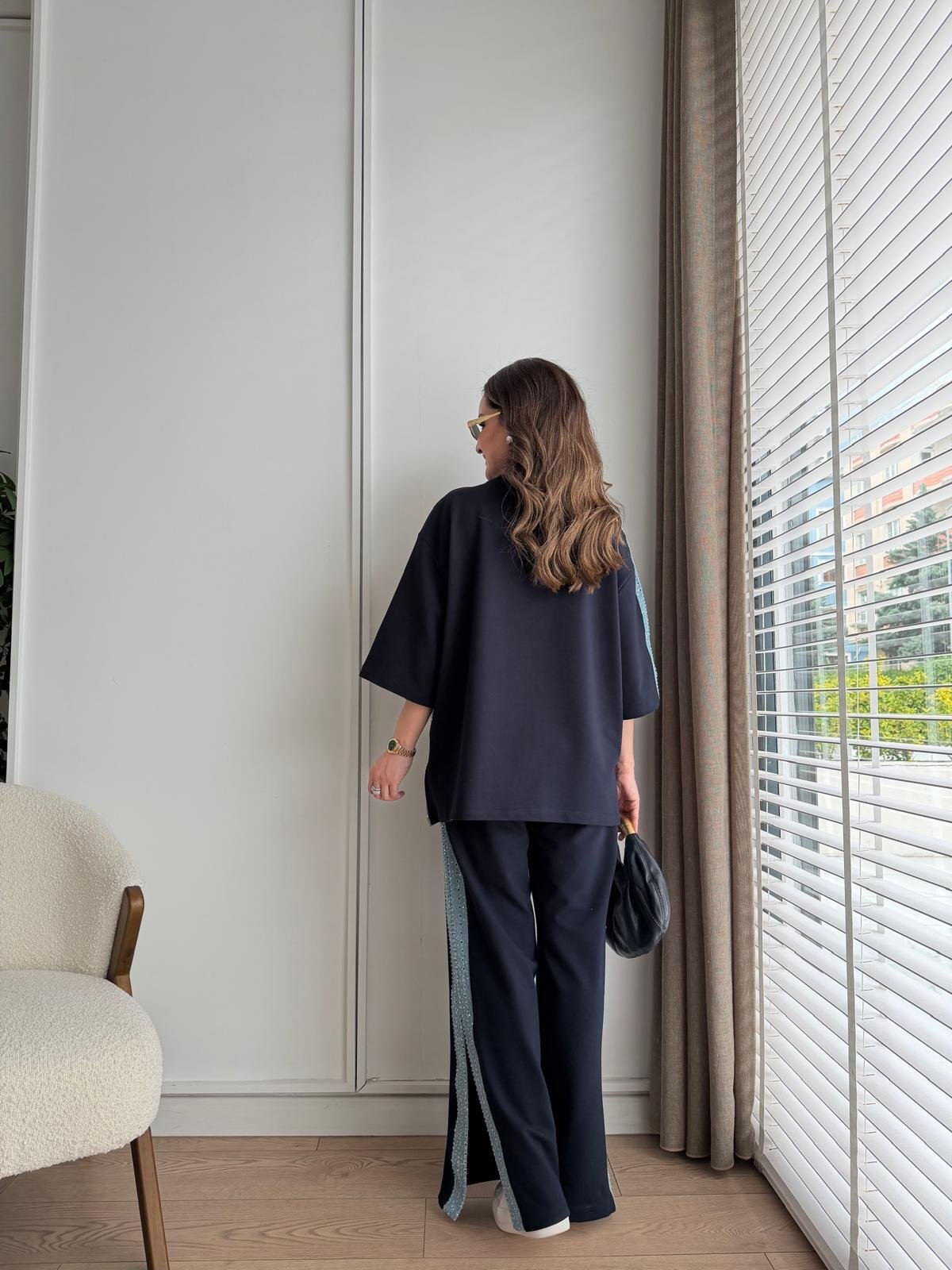 Lacivert Pul Detaylı Garnili Kısa Kol Takım 37384