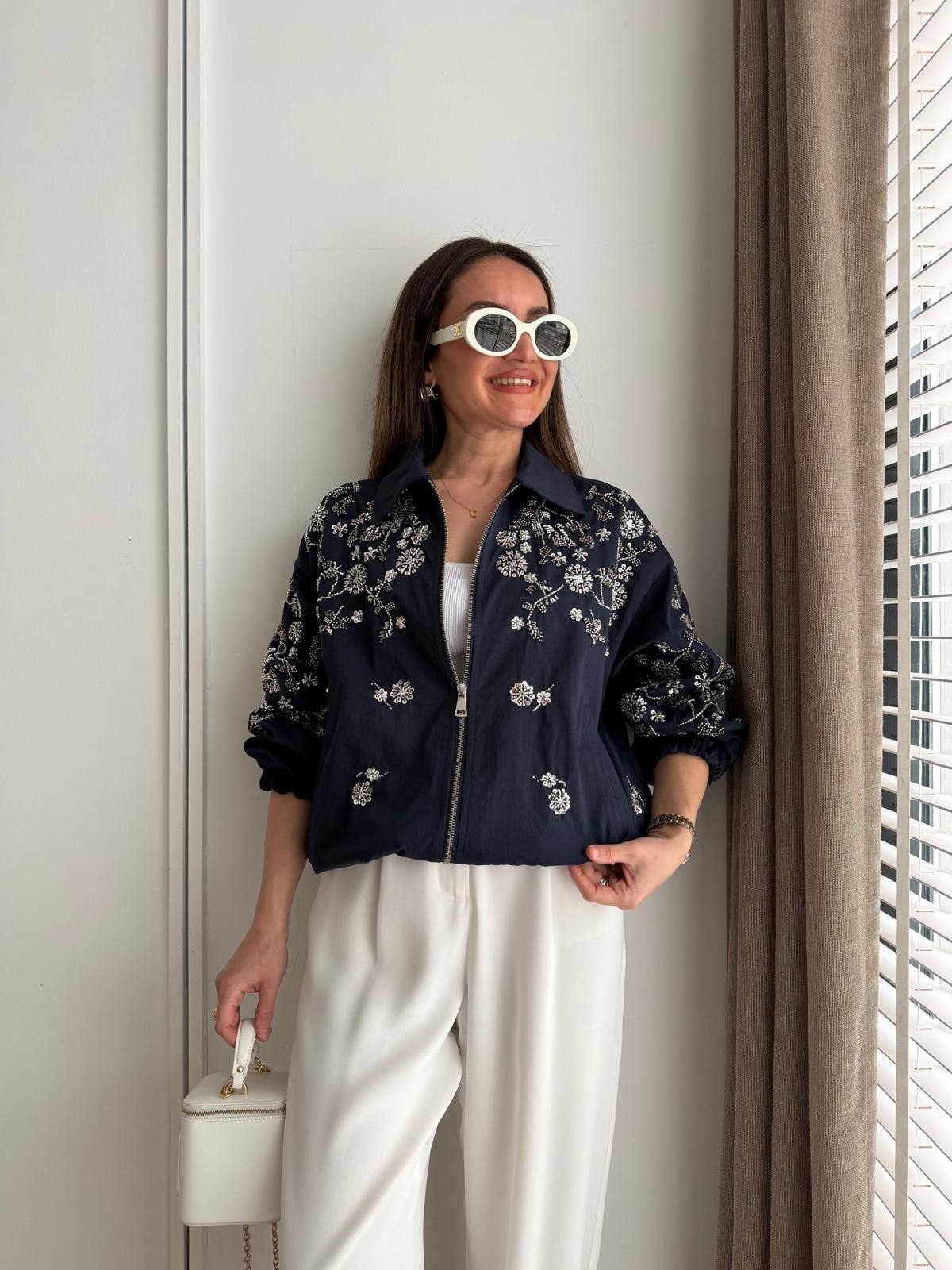 Lacivert Pul Nakış İşlemeli Bomber Gabardin Ceket 99964