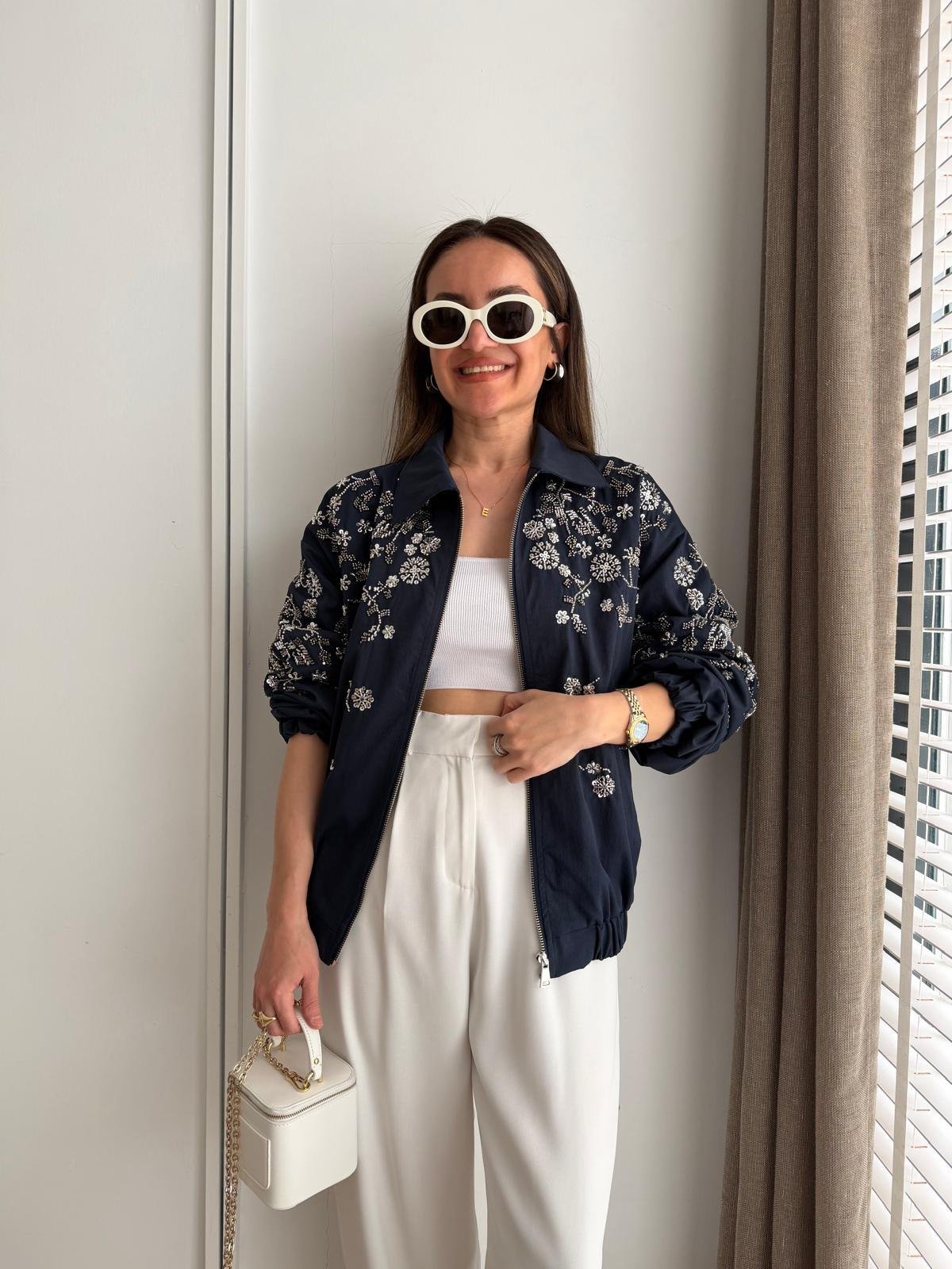 Lacivert Pul Nakış İşlemeli Bomber Gabardin Ceket 99964