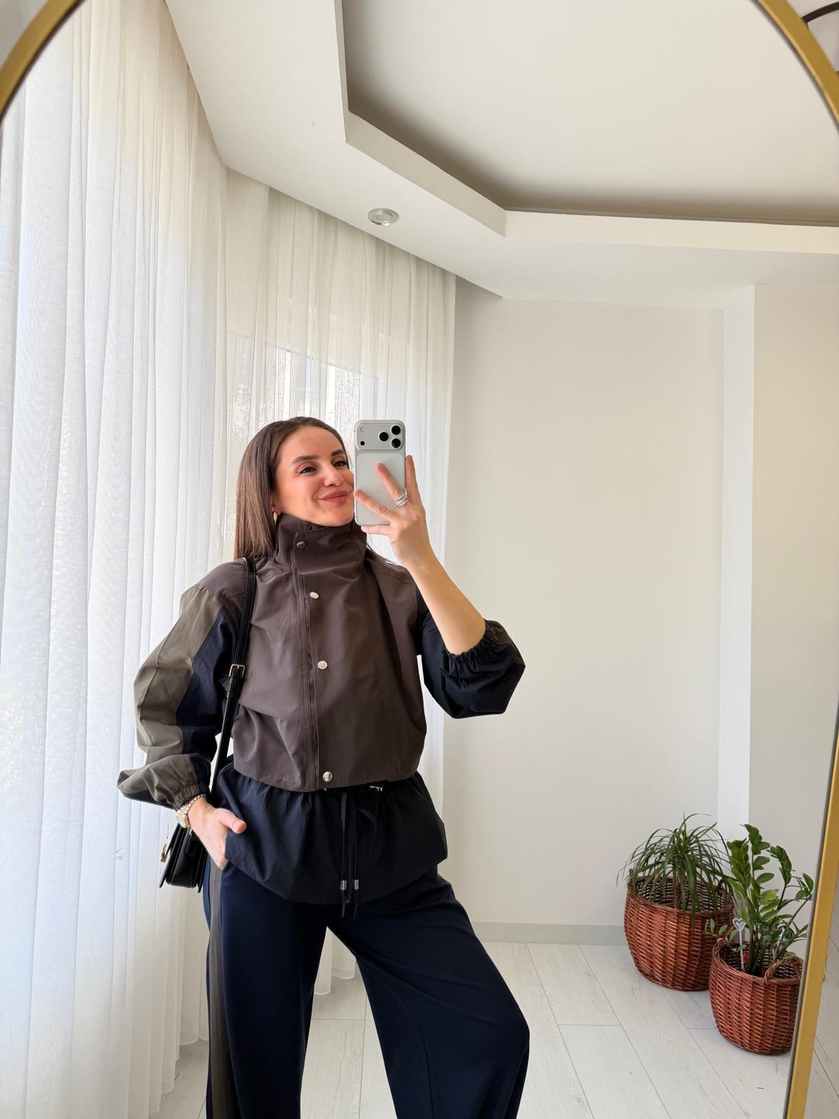 Lacivert Renk Bloklu Bel Büzgü Detaylı Tasarım Takım 37063