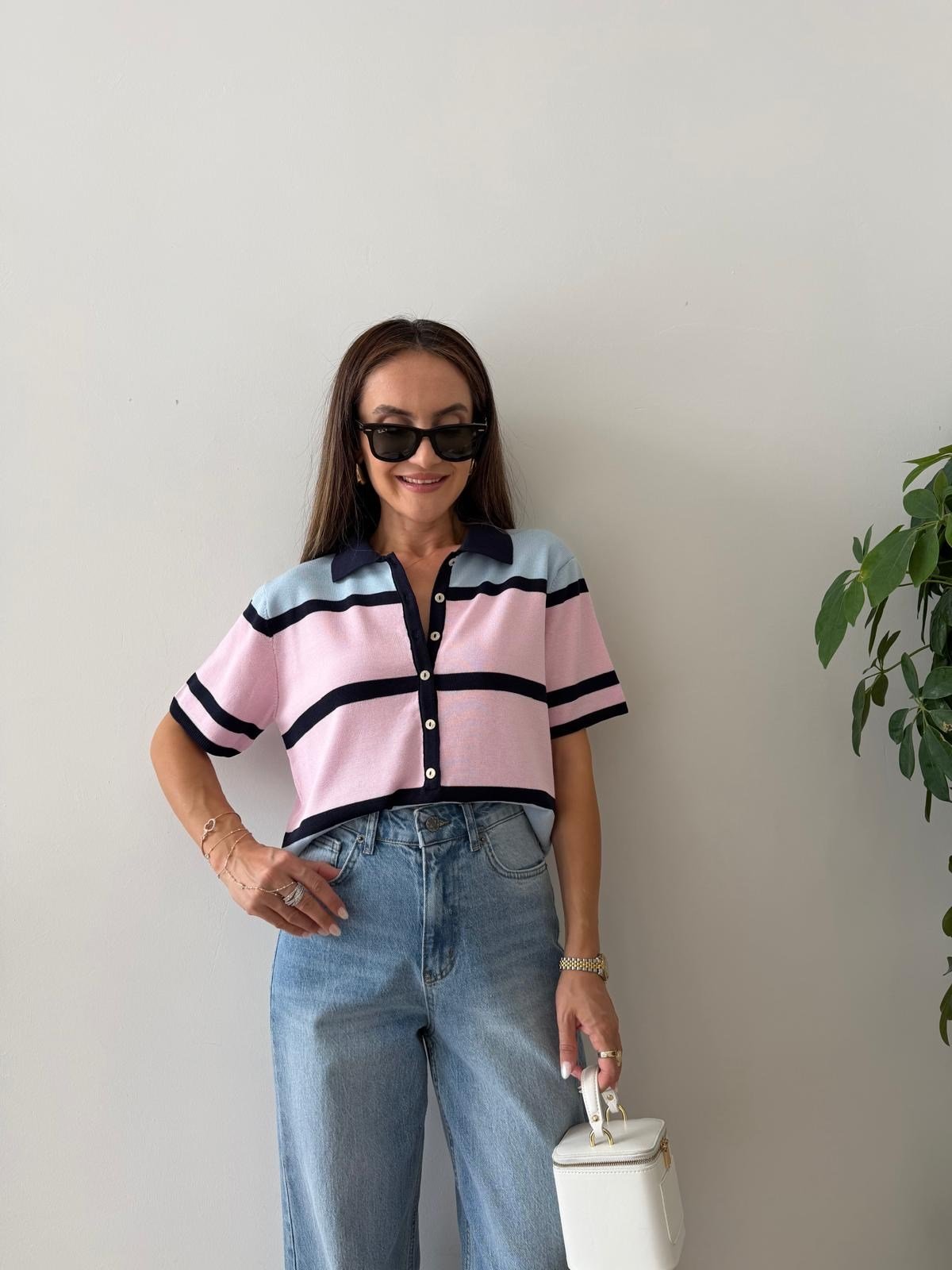 Lacivert Renkli Polo Yaka Önü Düğmeli Triko Bluz 5469
