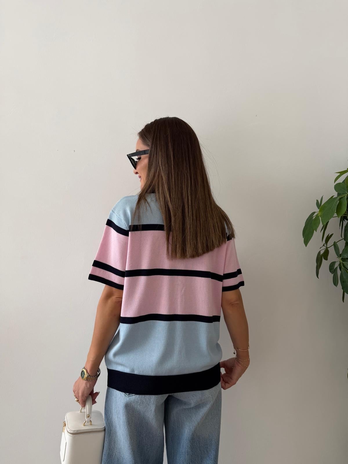 Lacivert Renkli Polo Yaka Önü Düğmeli Triko Bluz 5469