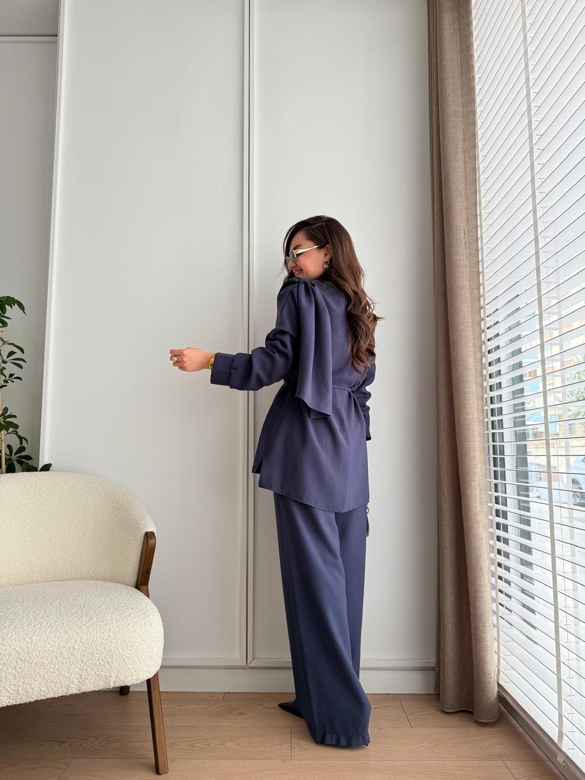 Lacivert Şal Yaka Tasarım Bluz Pantolon Takım 8625