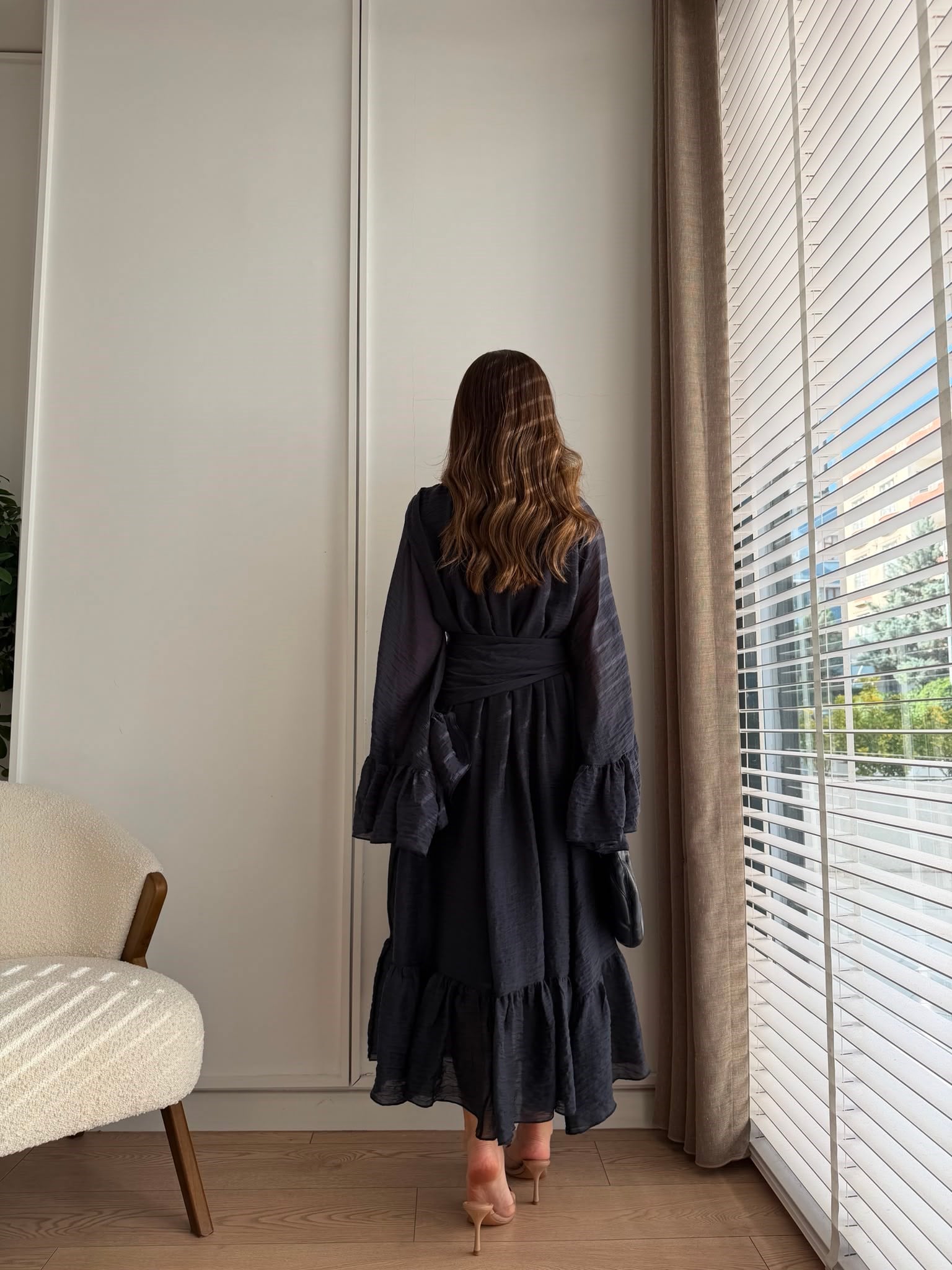 Lacivert Şallı Büzgülü Elbise 3404