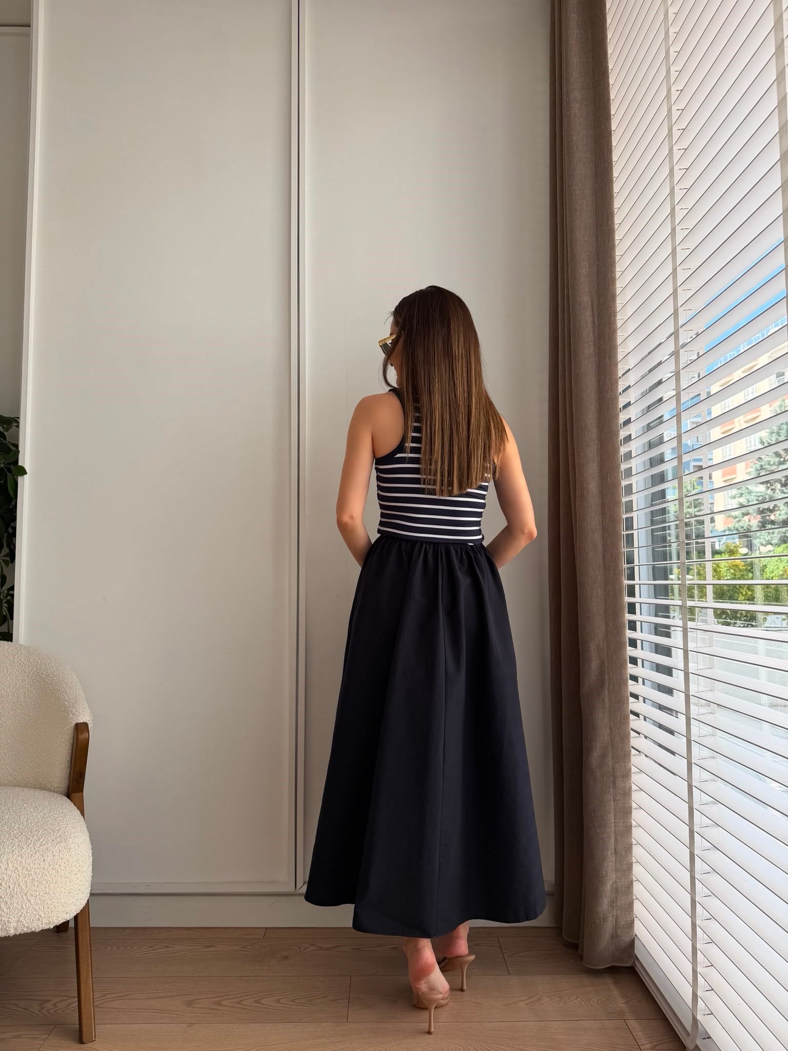 Lacivert Sıfır Kol Beli Lastikli Çizgili Garnili Elbise 37460