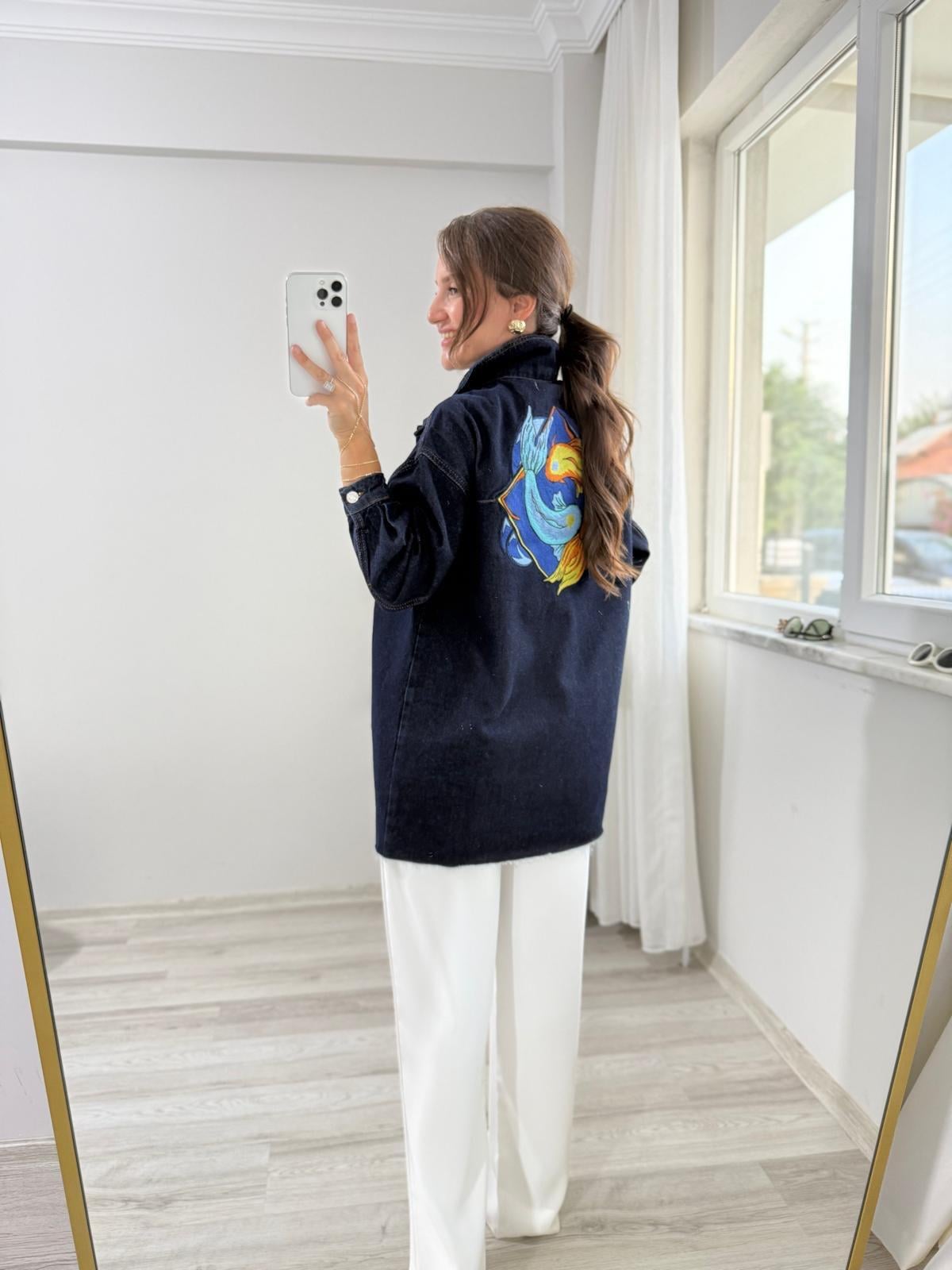Lacivert Sırt Nakış Detaylı Denim Ceket 6025