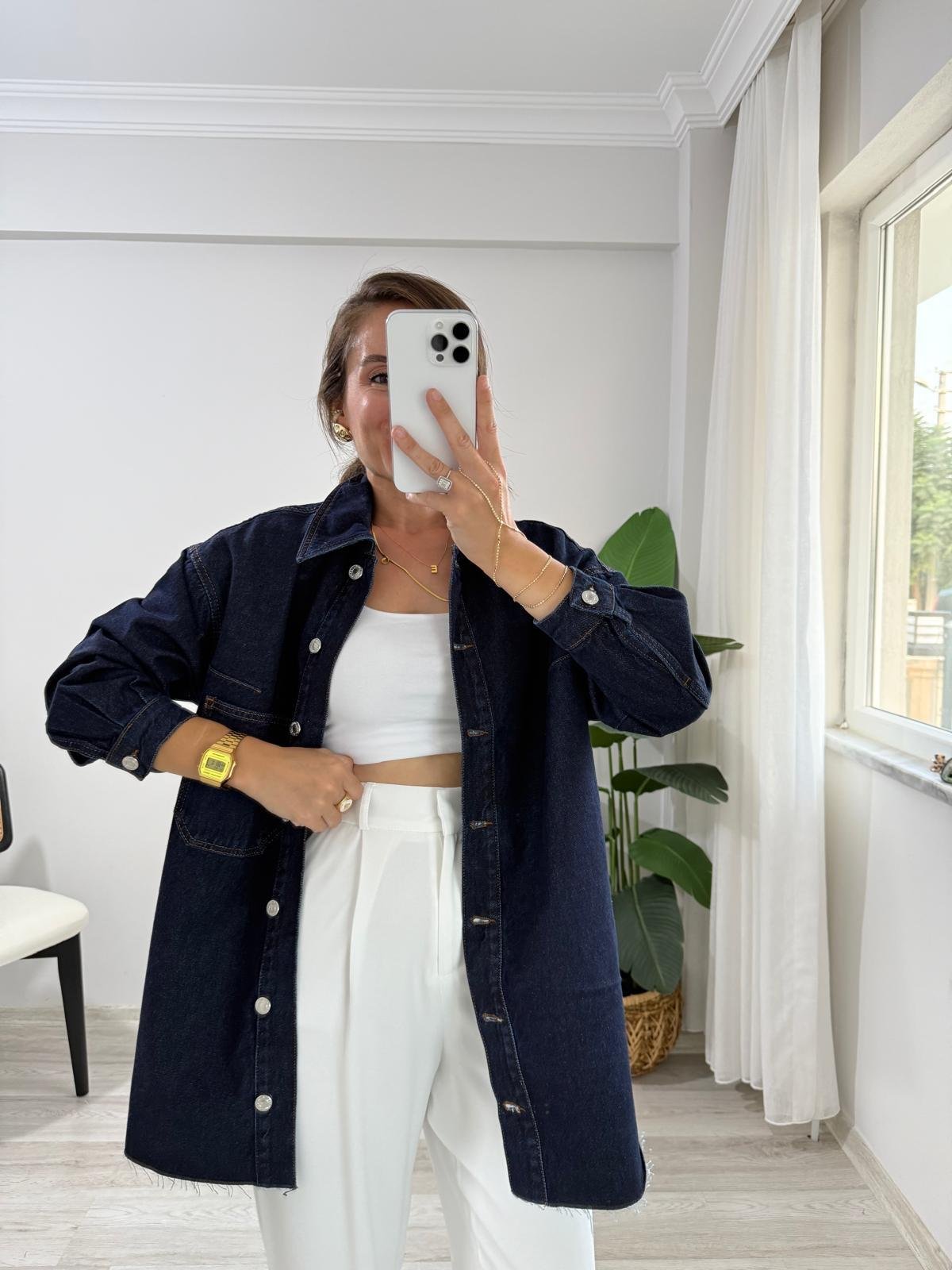 Lacivert Sırt Nakış Detaylı Denim Ceket 6025