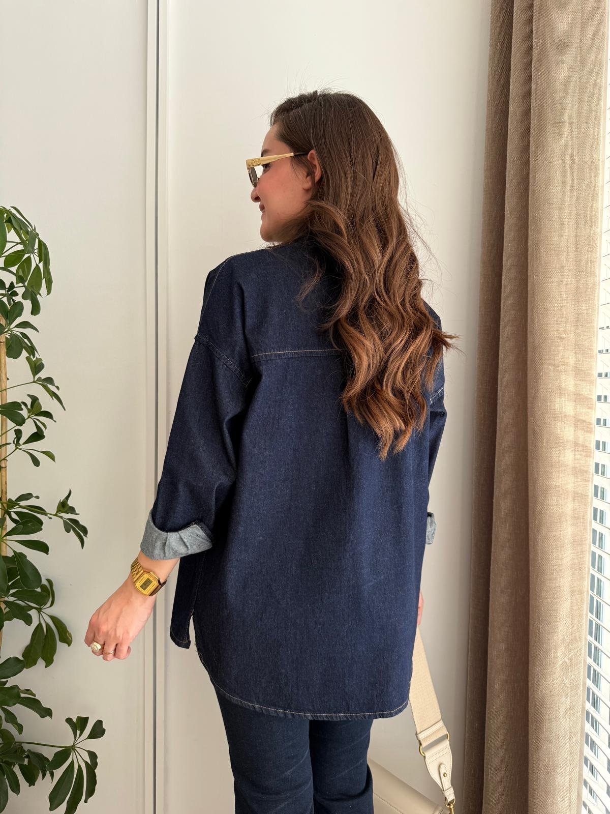 Lacivert Taş İşleme Detaylı Çıtçıt Düğmeli Denim Gömlek 82164
