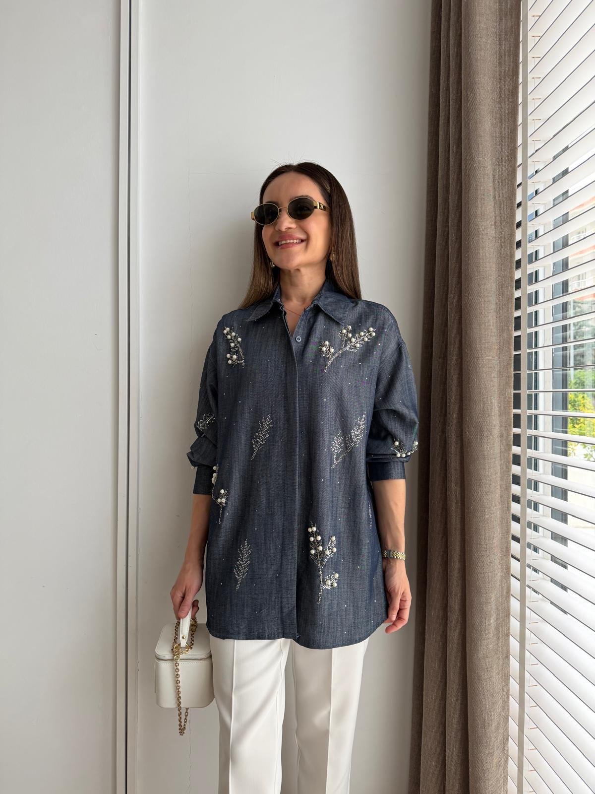 Lacivert Taş Nakışlı Denim Gömlek 8068