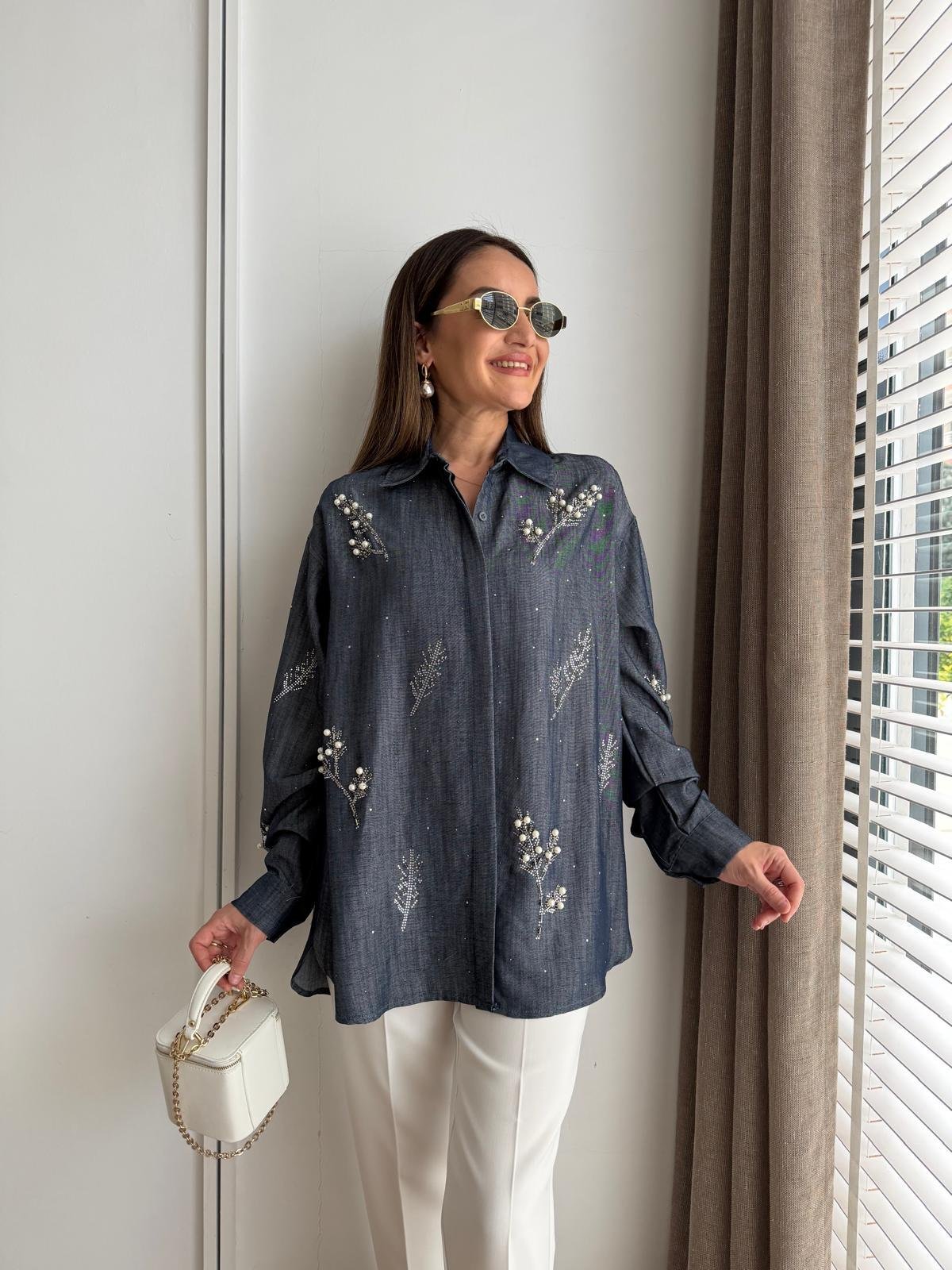 Lacivert Taş Nakışlı Denim Gömlek 8068