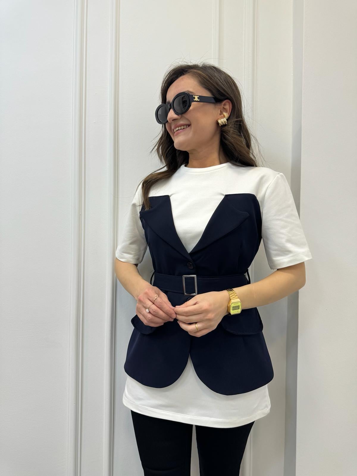 Lacivert Tasarım Blazer Ceket Detaylı Bluz 58717