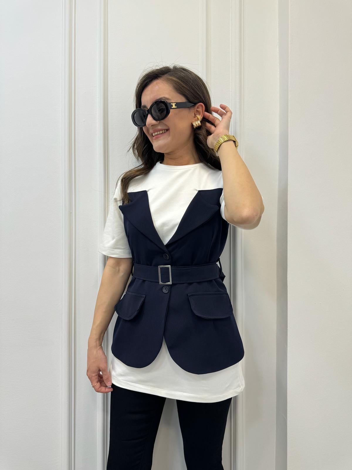 Lacivert Tasarım Blazer Ceket Detaylı Bluz 58717