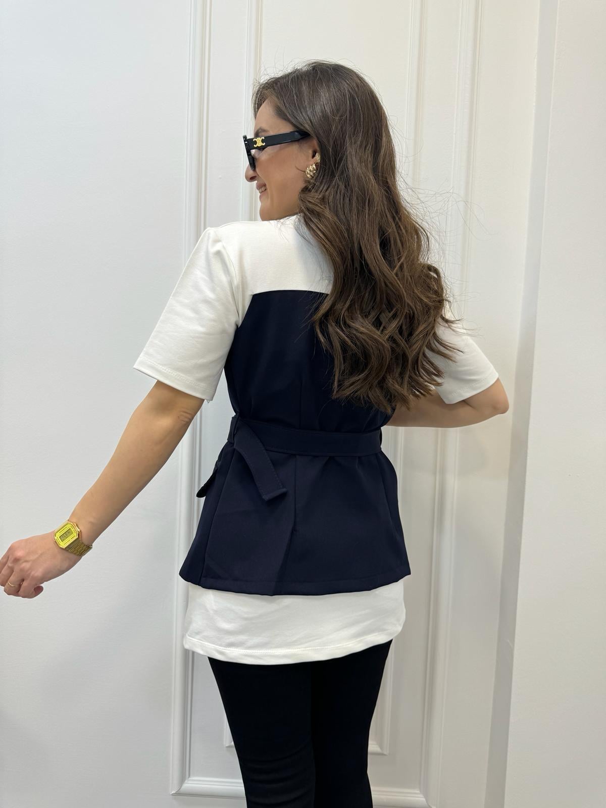 Lacivert Tasarım Blazer Ceket Detaylı Bluz 58717