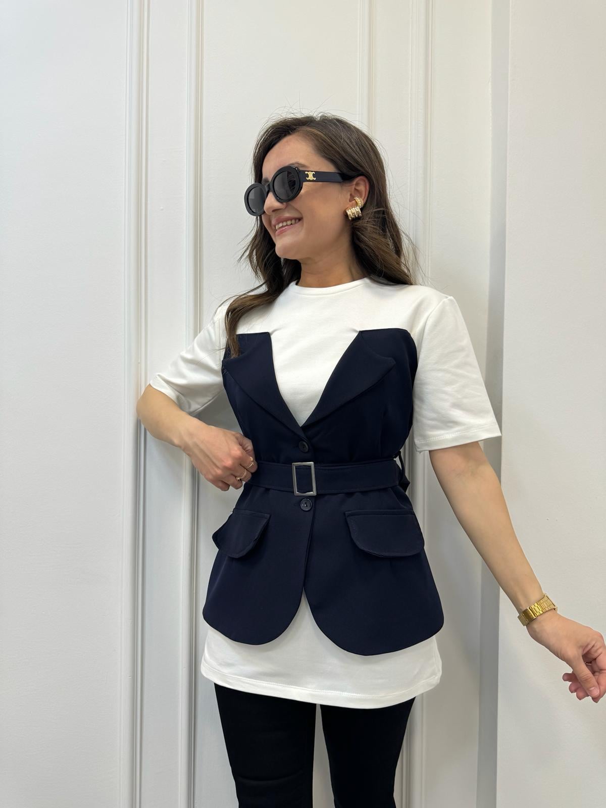 Lacivert Tasarım Blazer Ceket Detaylı Bluz 58717