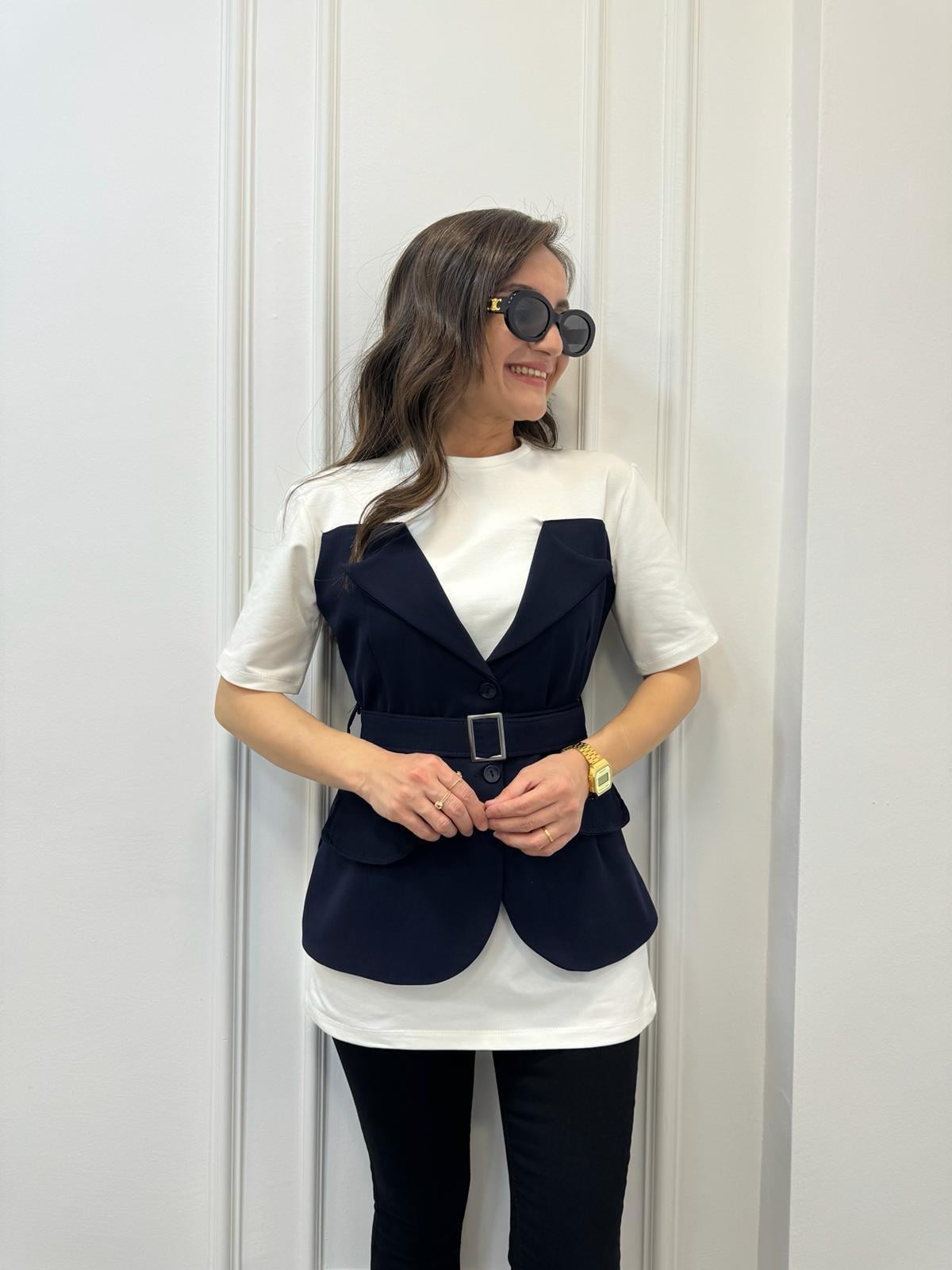 Lacivert Tasarım Blazer Ceket Detaylı Bluz 58717