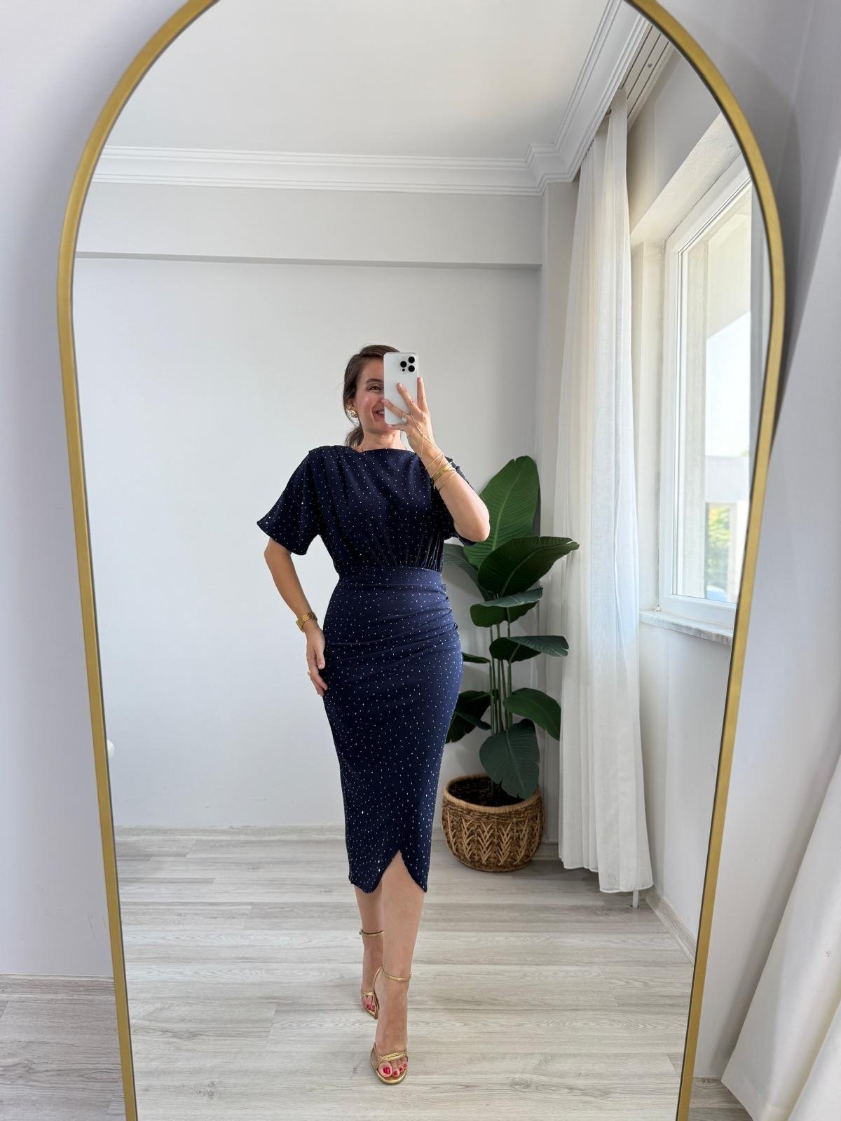 Lacivert Taşlı Drape Detaylı Yarımkol Elbise 1313