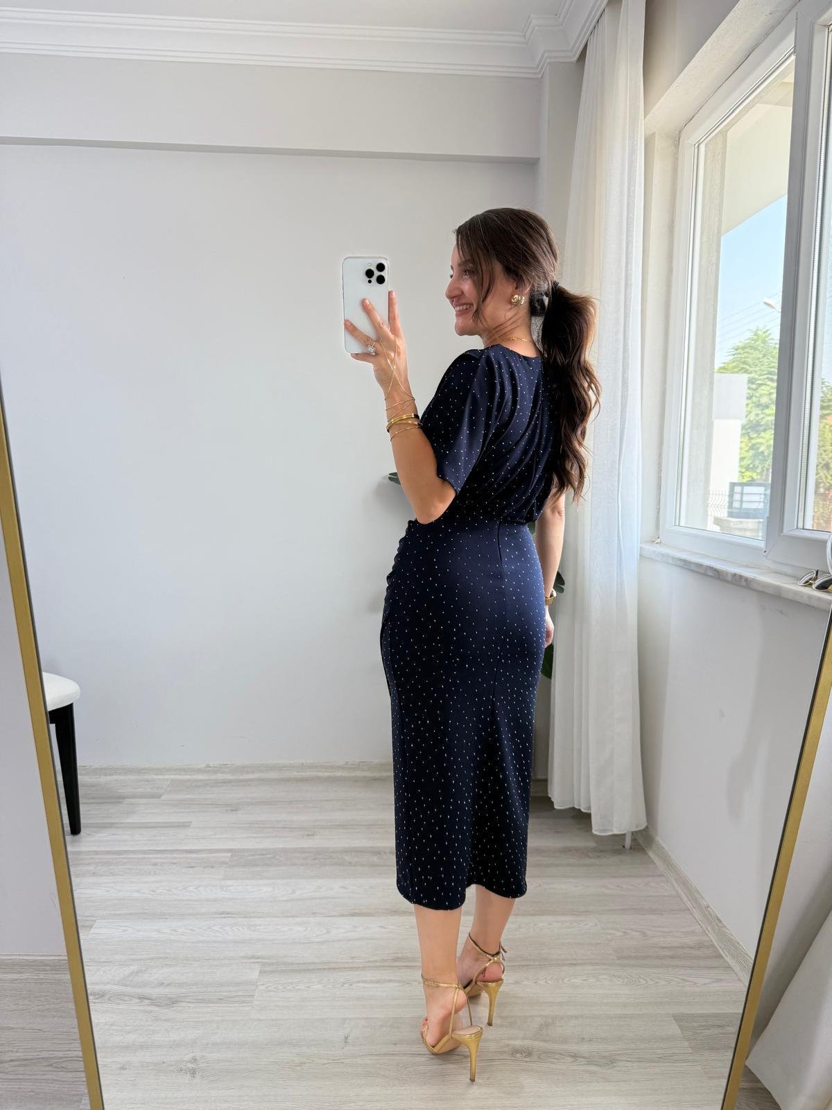 Lacivert Taşlı Drape Detaylı Yarımkol Elbise 1313