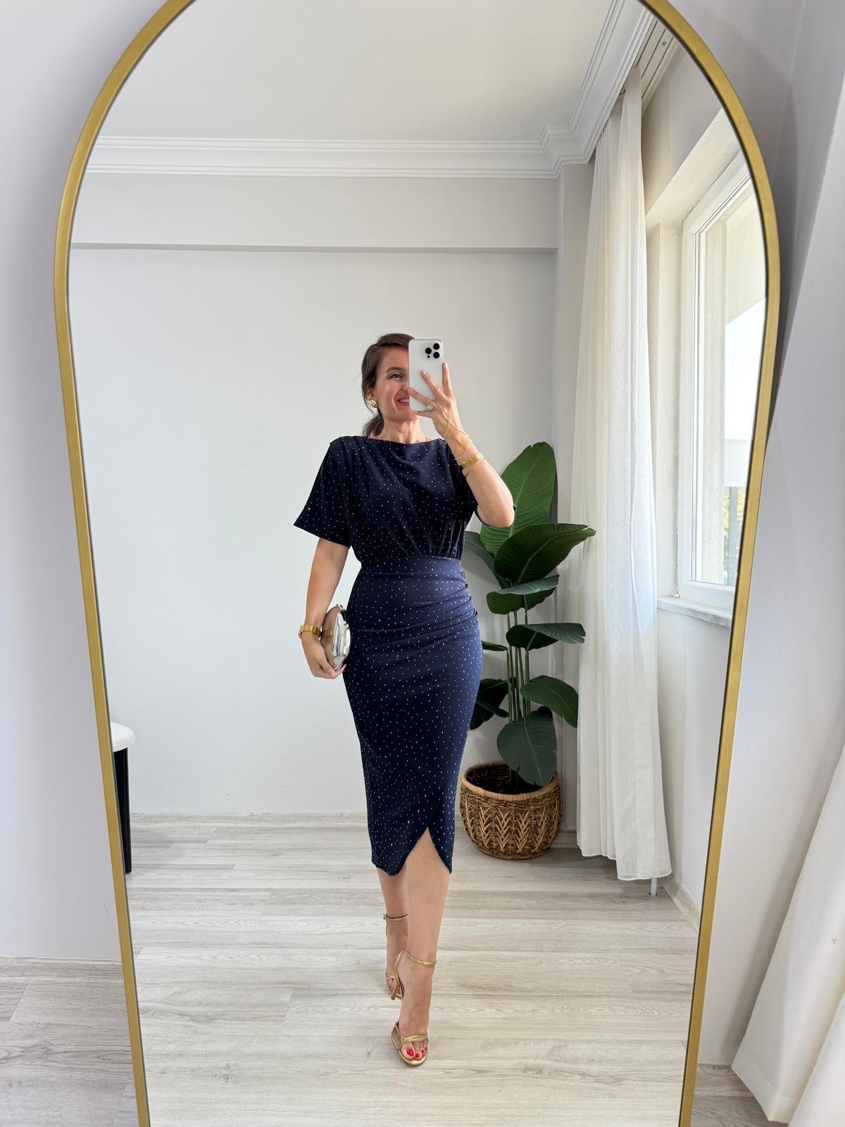 Lacivert Taşlı Drape Detaylı Yarımkol Elbise 1313