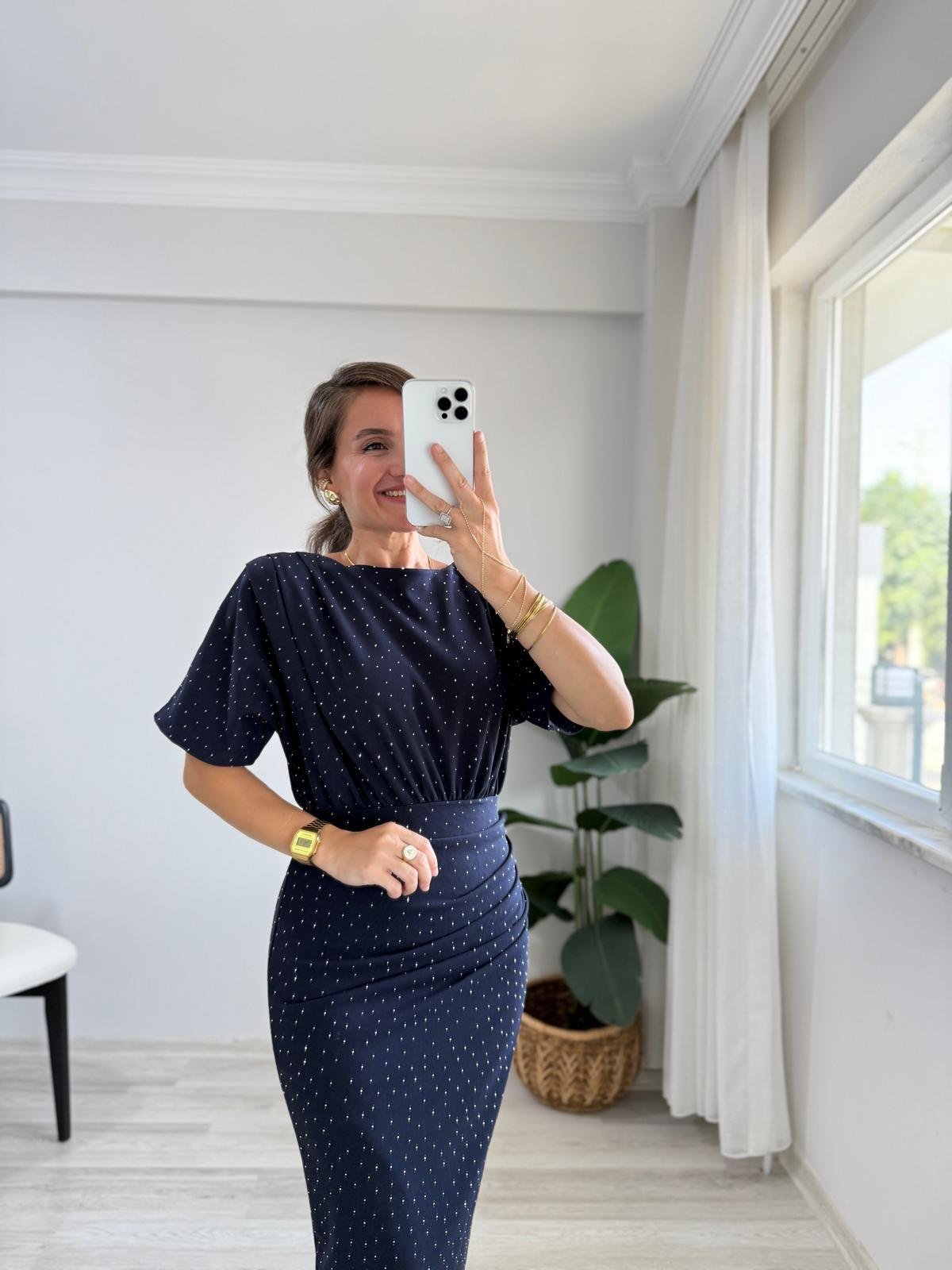 Lacivert Taşlı Drape Detaylı Yarımkol Elbise 1313