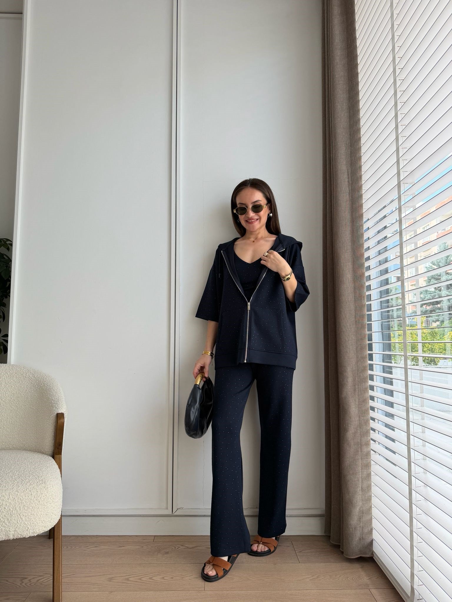 Lacivert Taşlı Üçlü Takım 2366