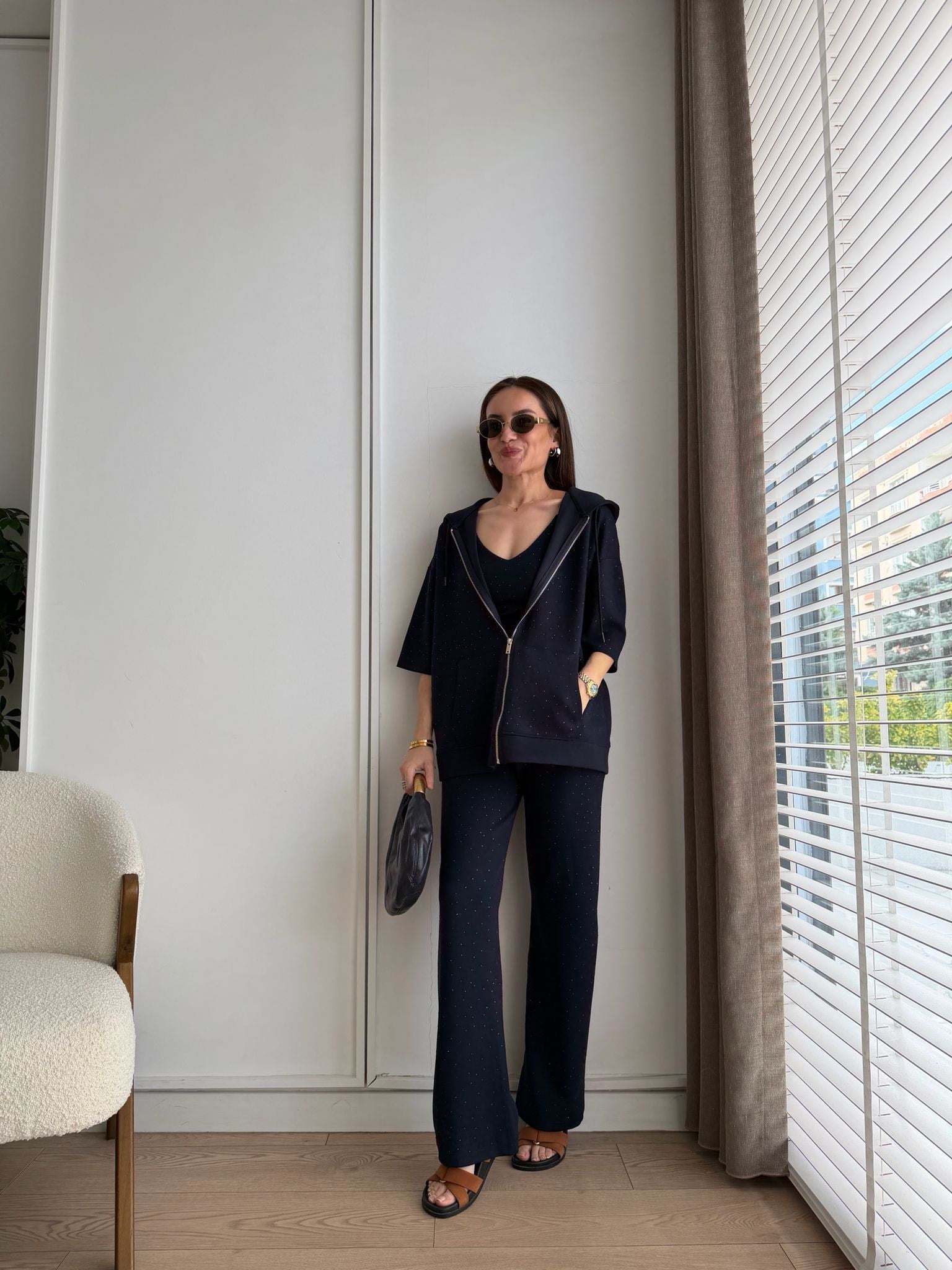 Lacivert Taşlı Üçlü Takım 2366