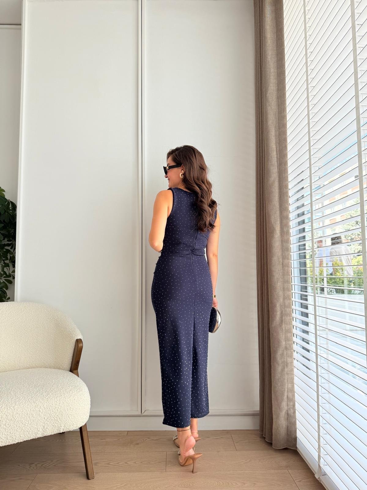Lacivert Taşlı Yırtmaçlı Midi Boy Elbise 1314