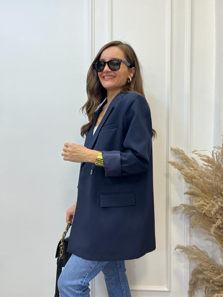 Lacivert Tek Düğme Oversize Blazer Ceket 9287
