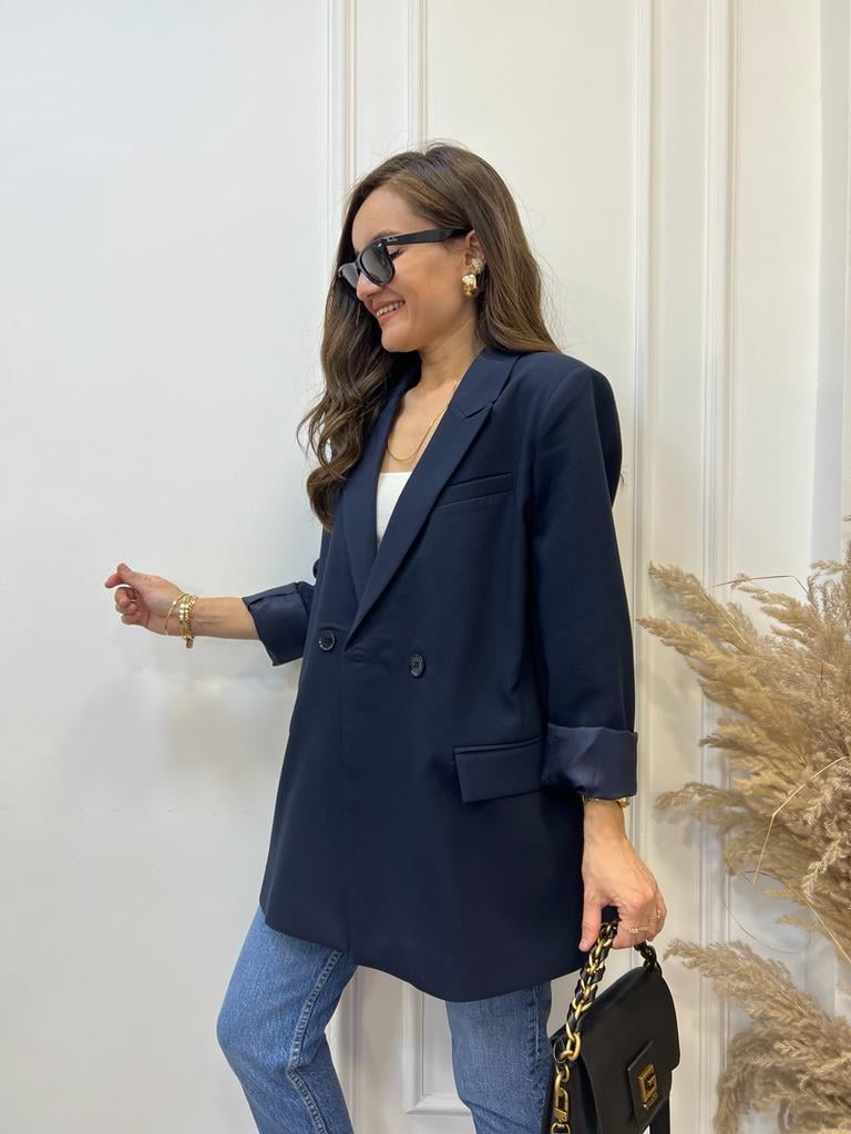 Lacivert Tek Düğme Oversize Blazer Ceket 9287