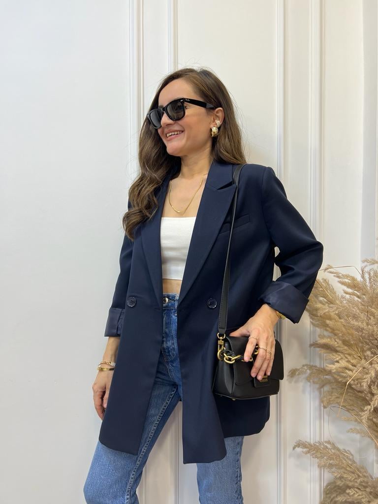 Lacivert Tek Düğme Oversize Blazer Ceket 9287