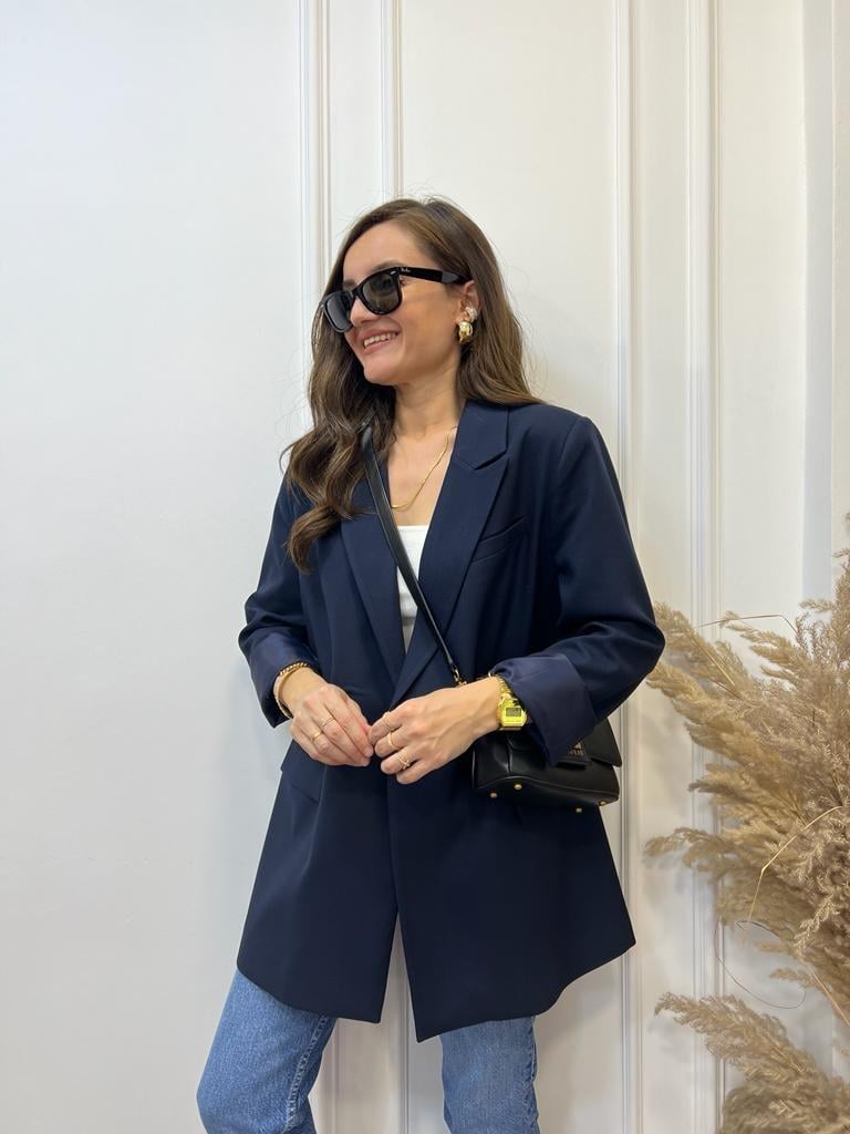 Lacivert Tek Düğme Oversize Blazer Ceket 9287