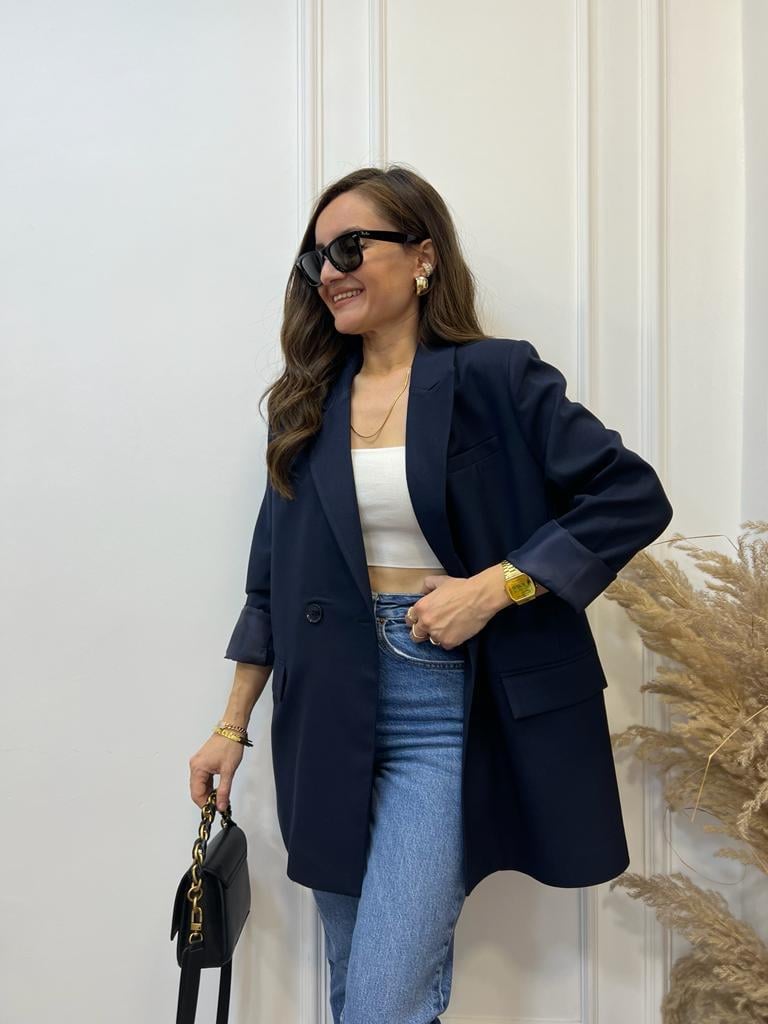 Lacivert Tek Düğme Oversize Blazer Ceket 9287