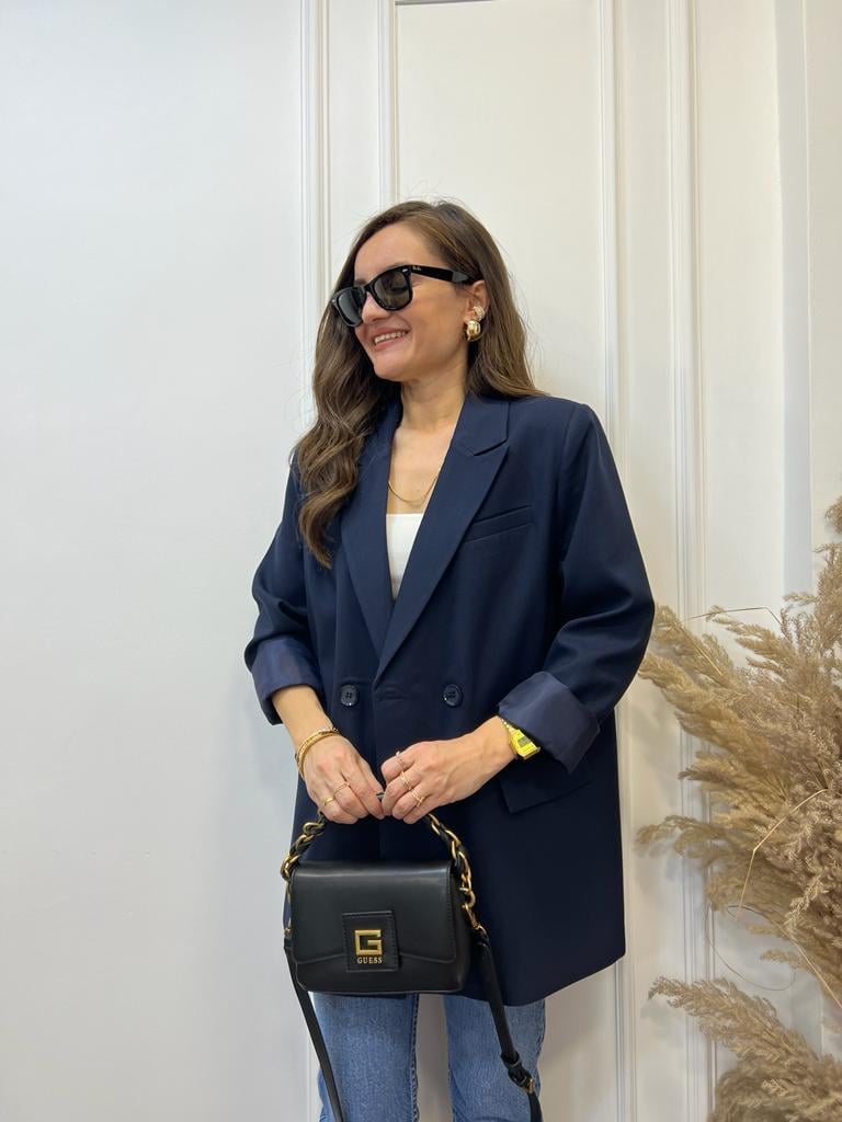 Lacivert Tek Düğme Oversize Blazer Ceket 9287