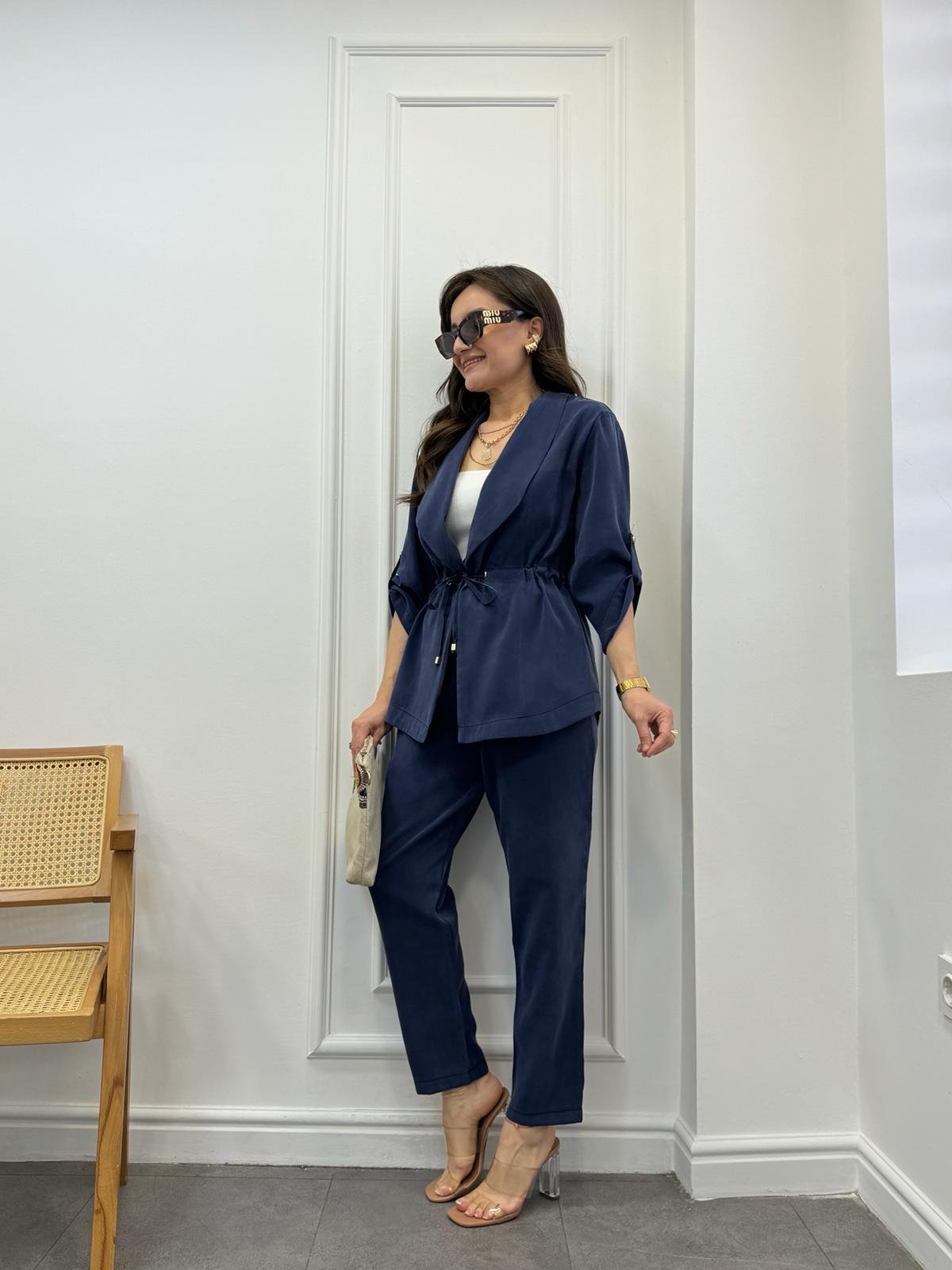 Lacivert Tensel Kumaş Bel Bağlamalı Ceket Pantolon Takım 0514