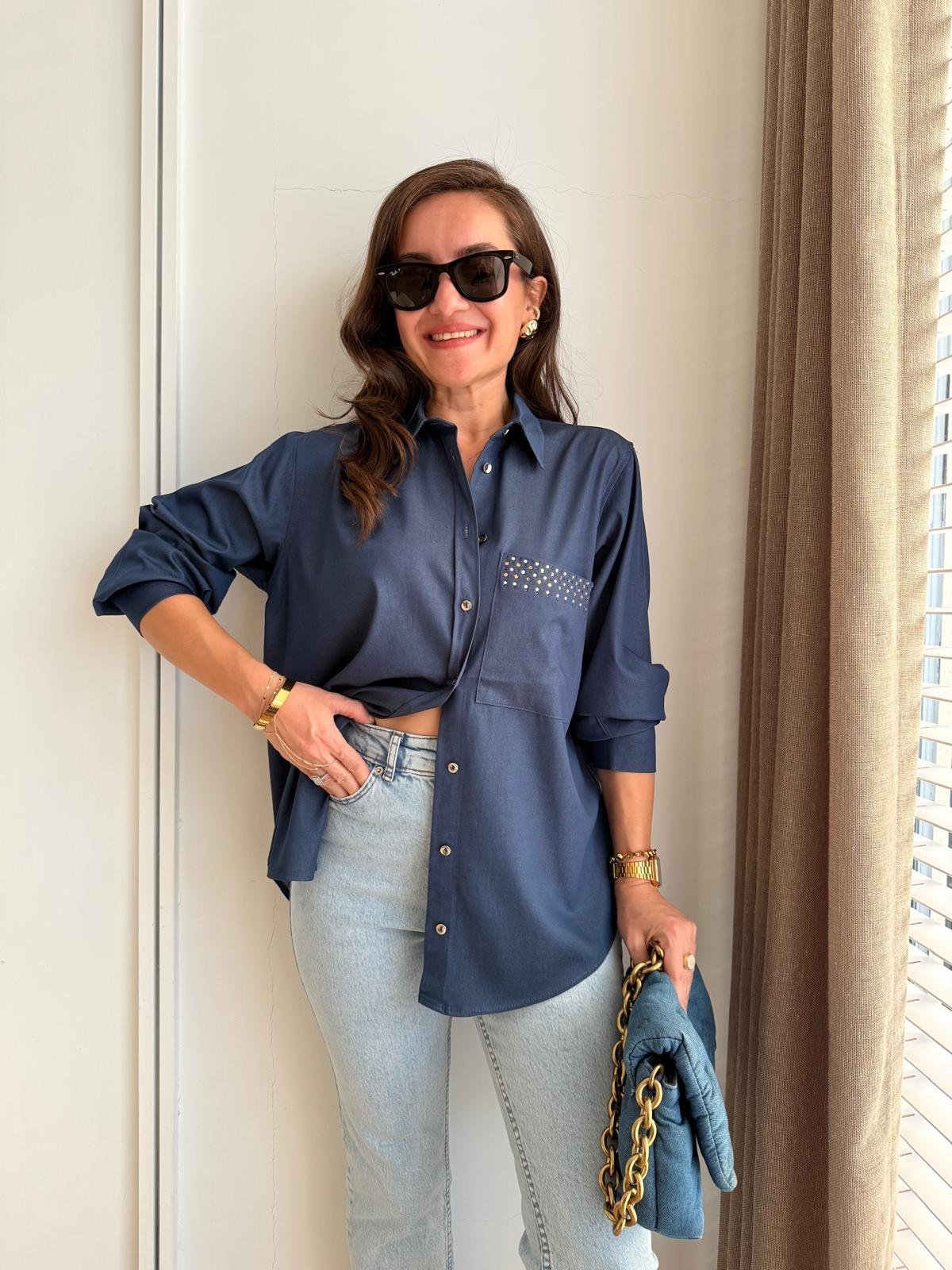 Lacivert Tensel Kumaş Cep Detaylı Gömlek 36703