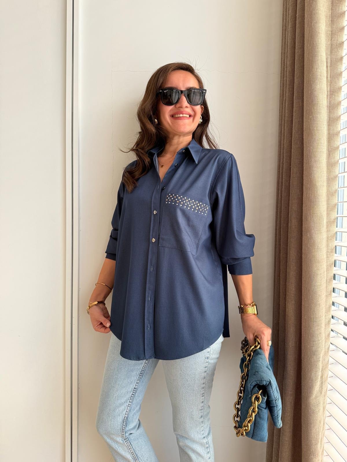 Lacivert Tensel Kumaş Cep Detaylı Gömlek 36703