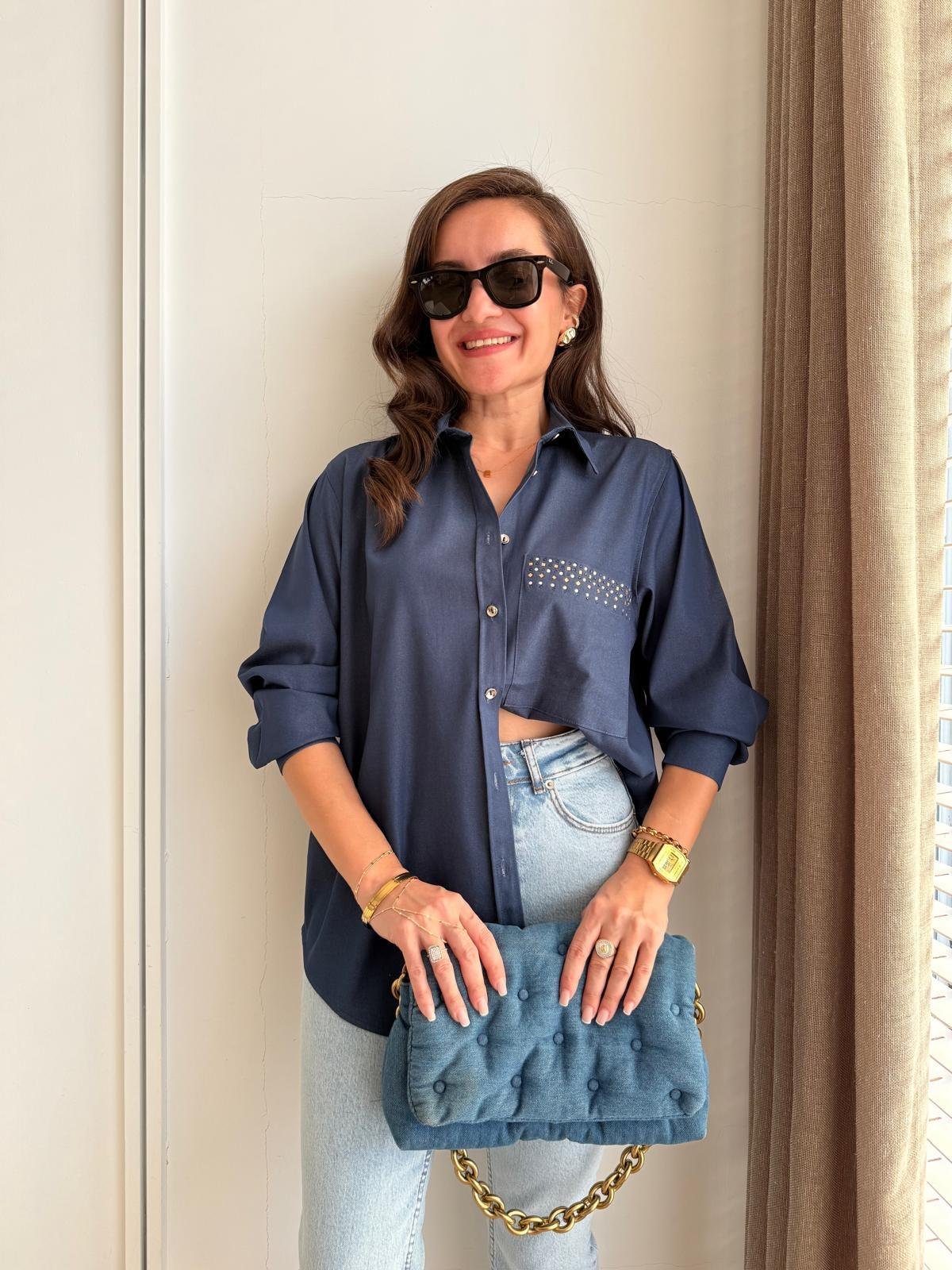 Lacivert Tensel Kumaş Cep Detaylı Gömlek 36703