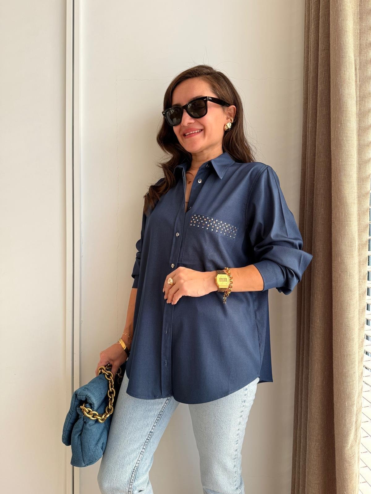 Lacivert Tensel Kumaş Cep Detaylı Gömlek 36703