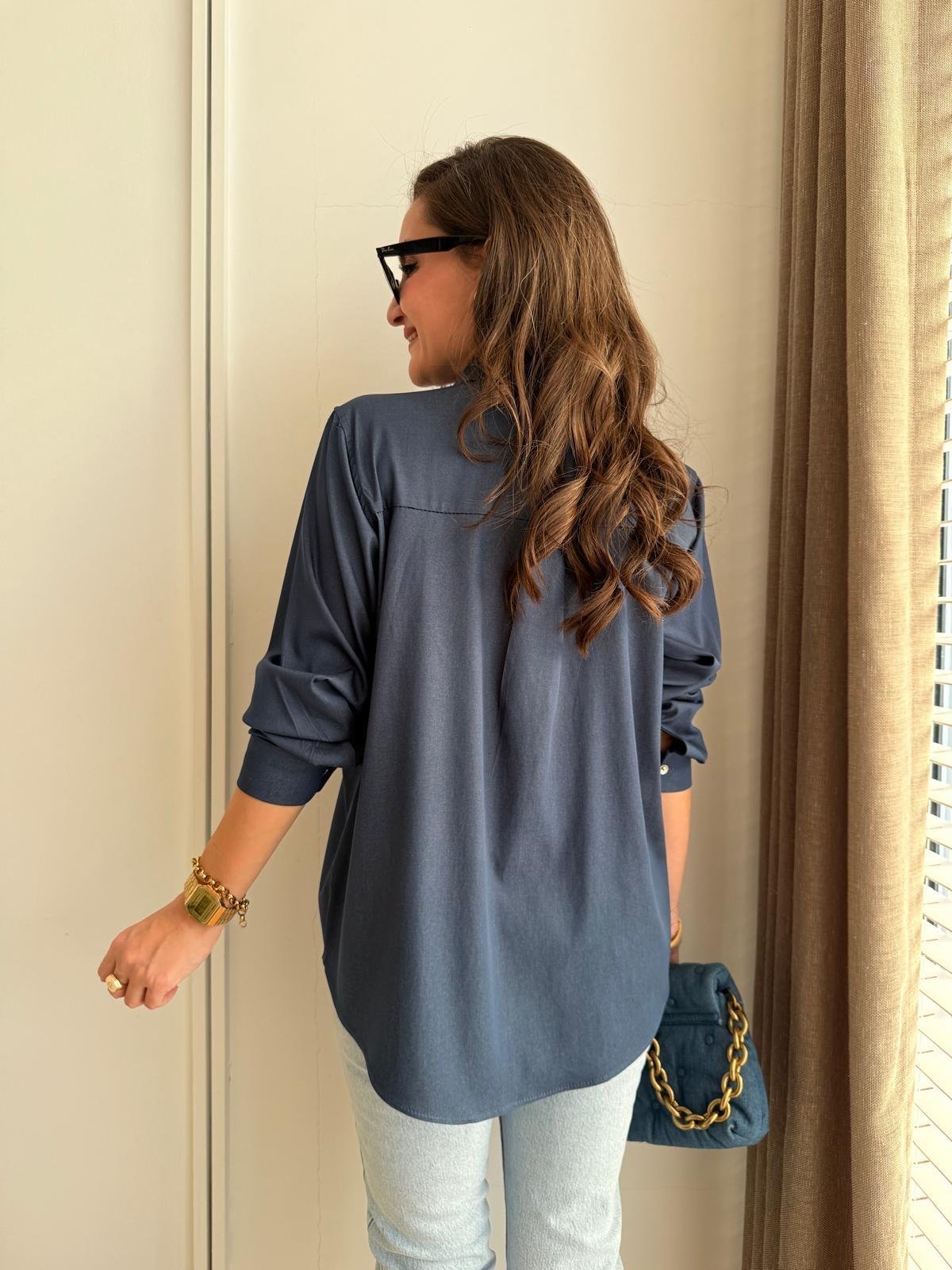 Lacivert Tensel Kumaş Cep Detaylı Gömlek 36703