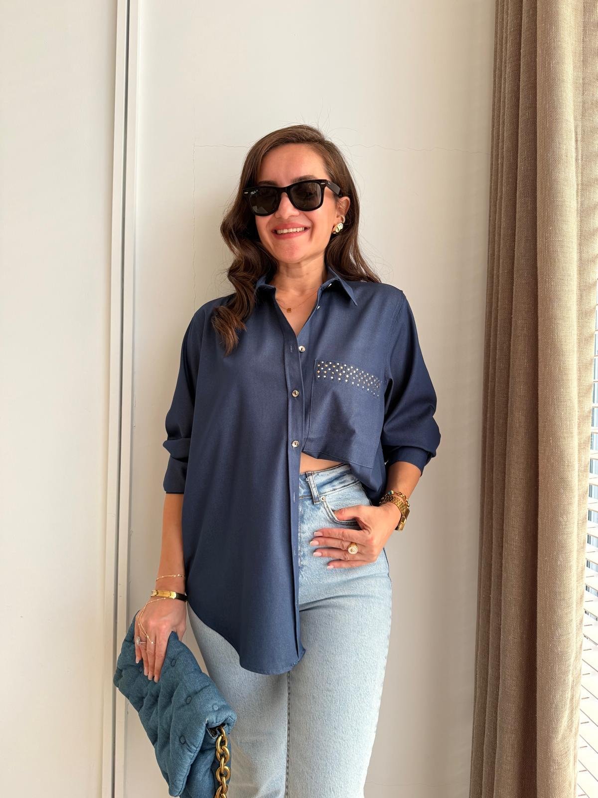 Lacivert Tensel Kumaş Cep Detaylı Gömlek 36703