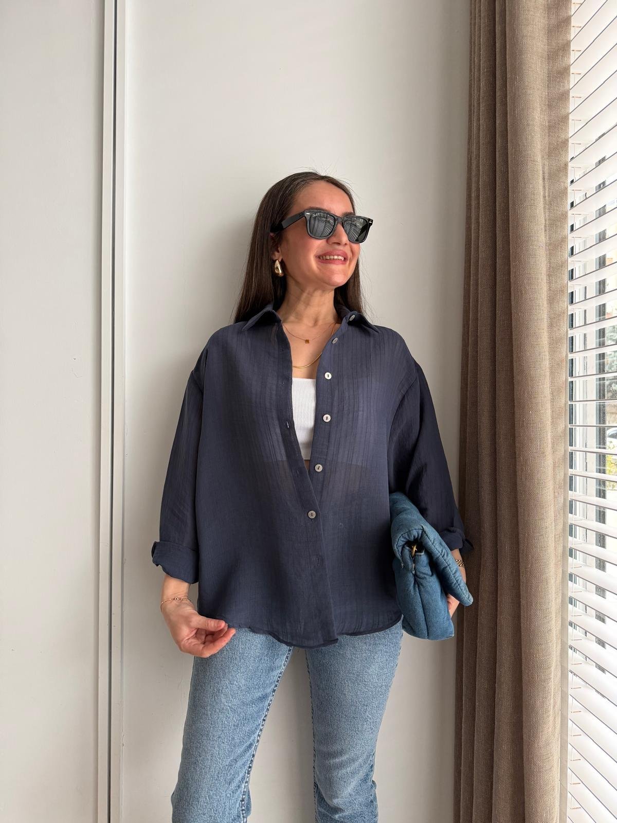 Lacivert Transparan Oversize Gömlek 5016