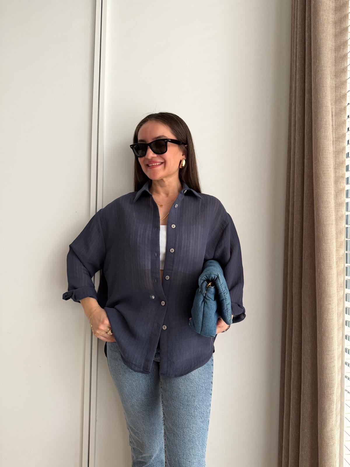 Lacivert Transparan Oversize Gömlek 5016