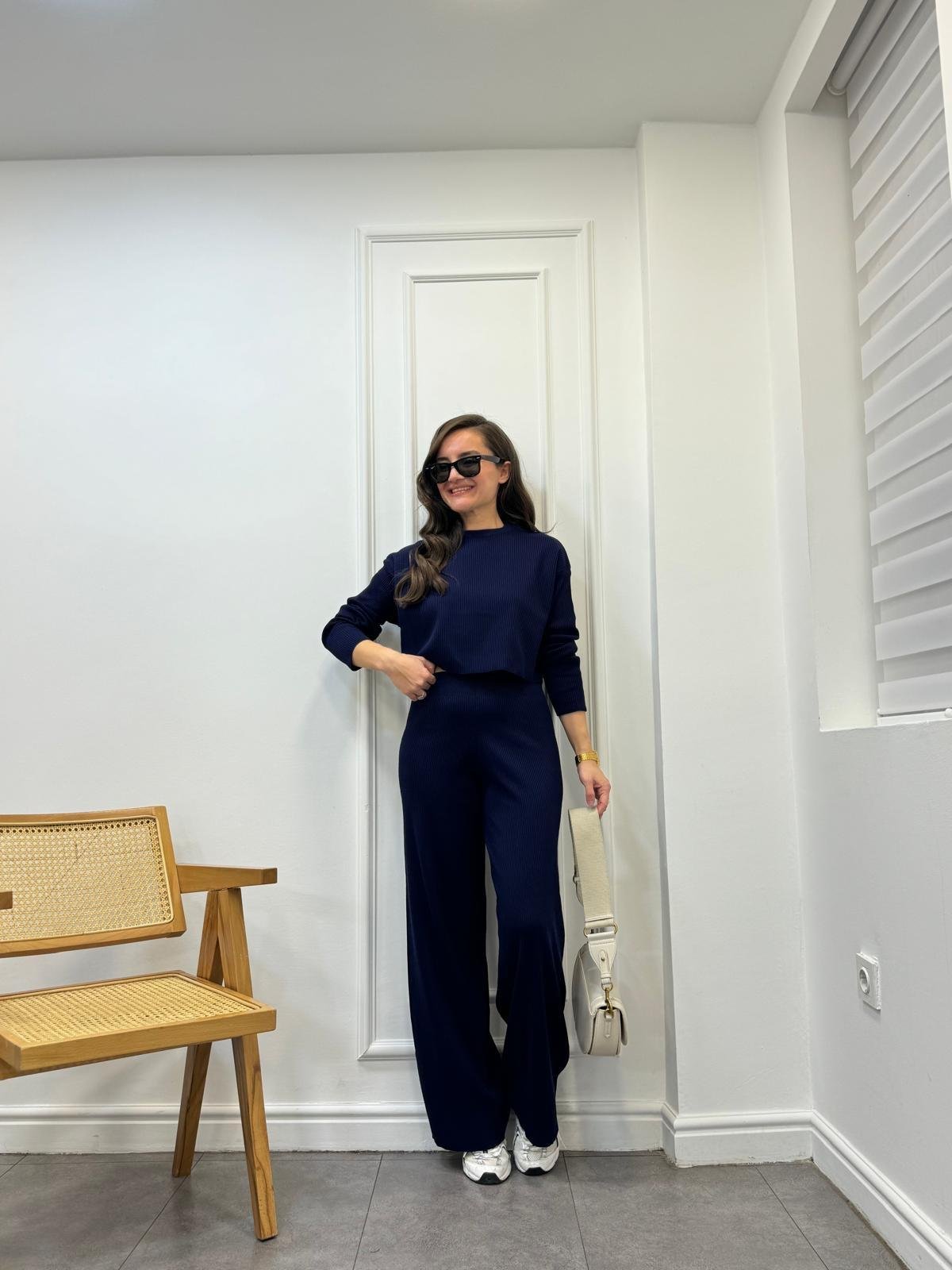 Lacivert Triko Bluz Pantolon Fitilli Takım 4237