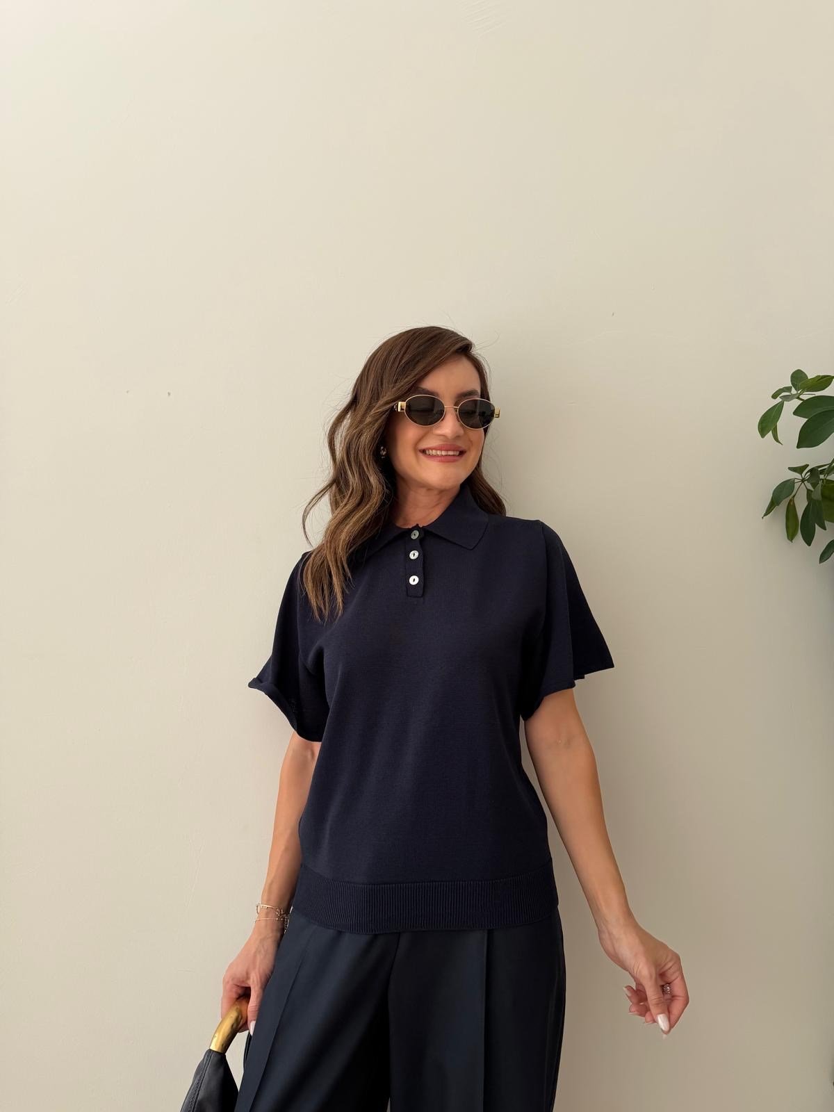 Lacivert Üç Düğmeli Polo Yaka Bluz 5451