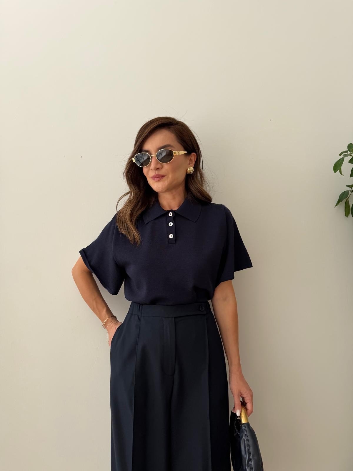 Lacivert Üç Düğmeli Polo Yaka Bluz 5451