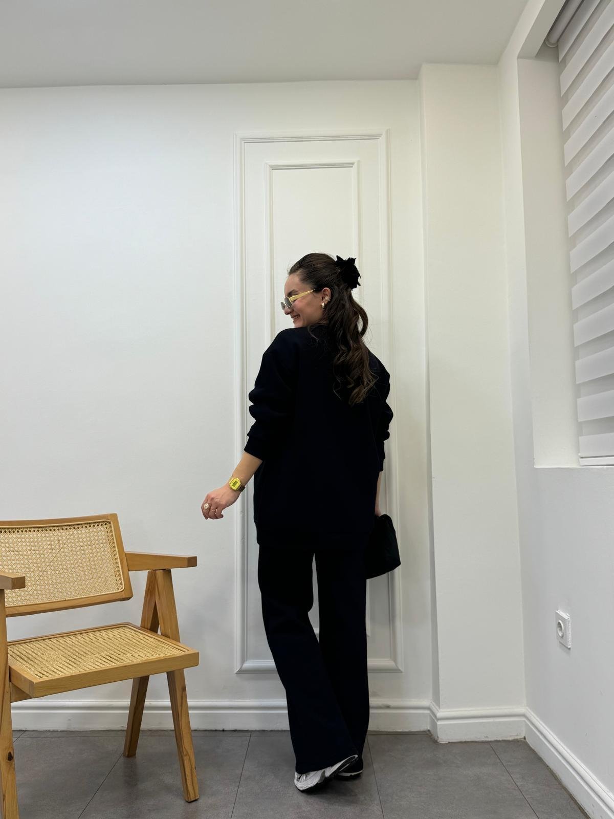 Lacivert Üç İplik Ayıcık Nakışlı Bol Paça Takım 42917
