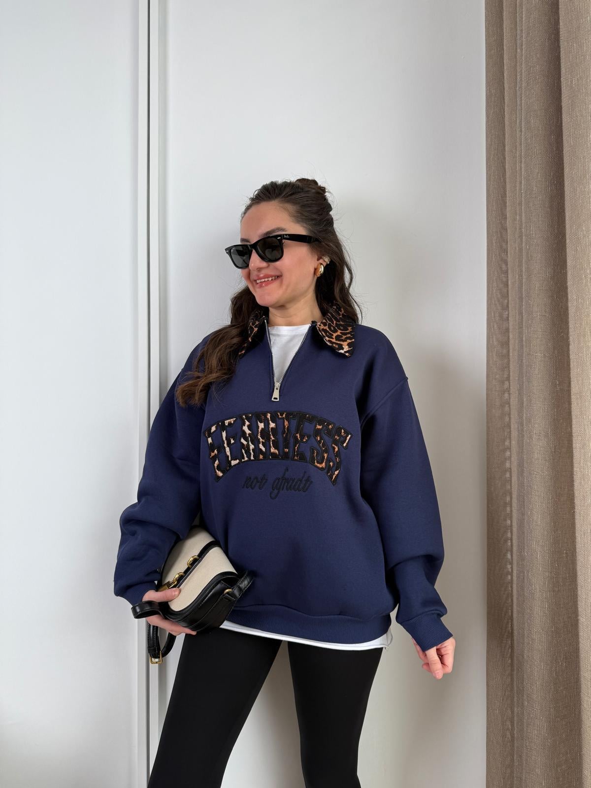 Lacivert Üç İplik Leopar Desen Polo Yaka Sweatshirt 066